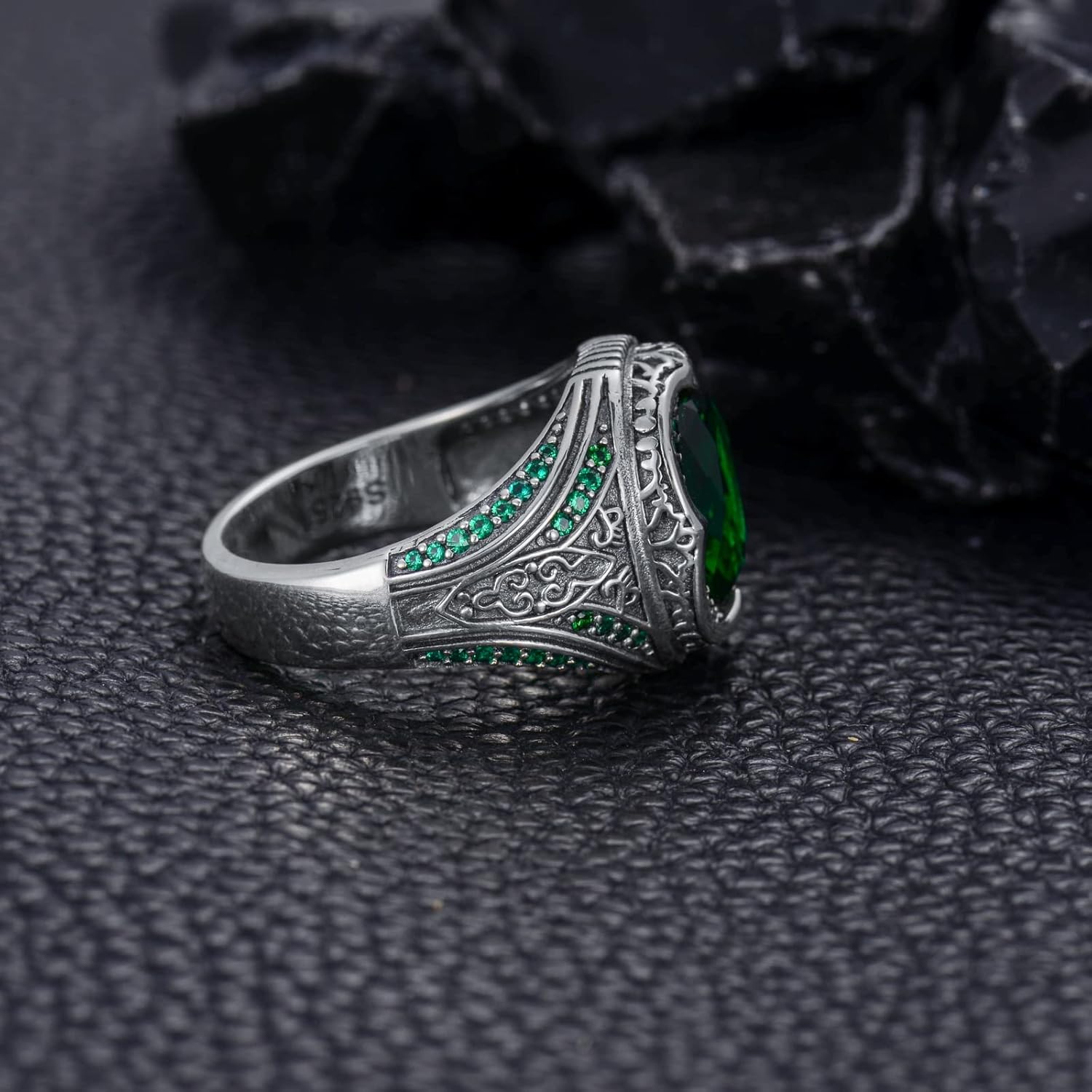 Sterling Silver Oval Emerald Gemstone Ring for Men Vintage Retro Jewelry for Men