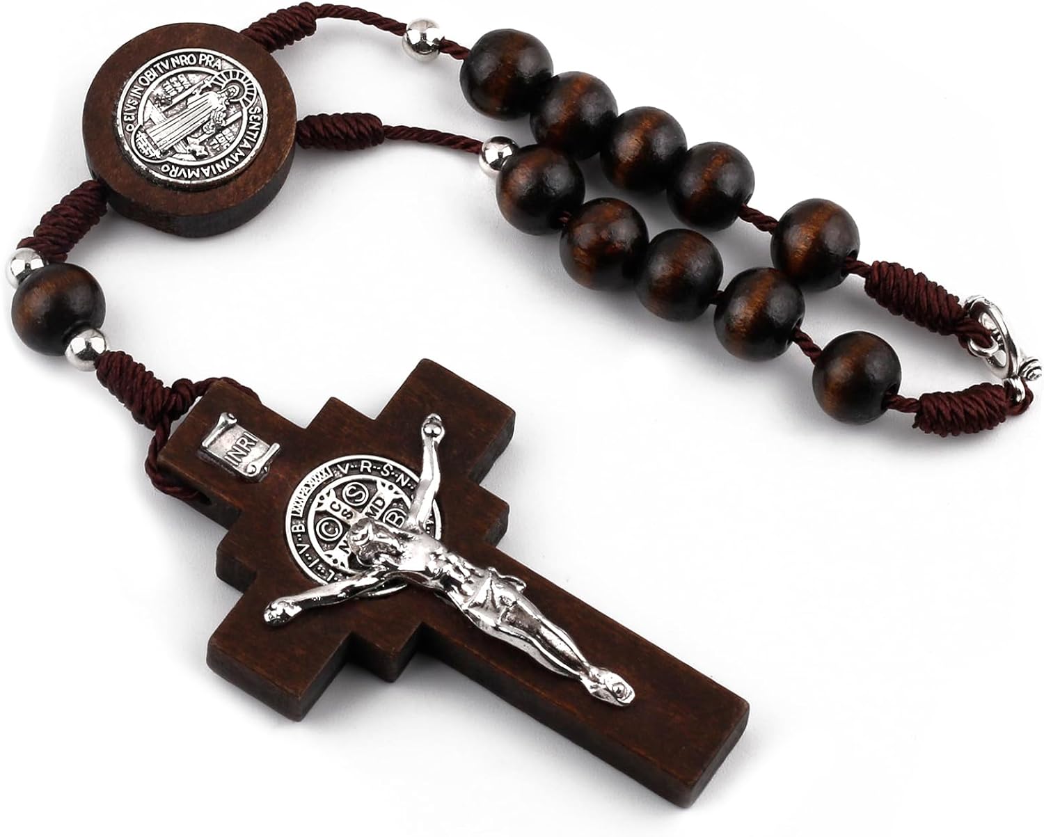 Wood Beads Auto Rosary for Car One Decade Catholic Rosary with St. Benedict Medal Centerpiece and Crucifix Secure Clasp Design for Mirror, Rearview, Home Door Hanging (Dark Brown)