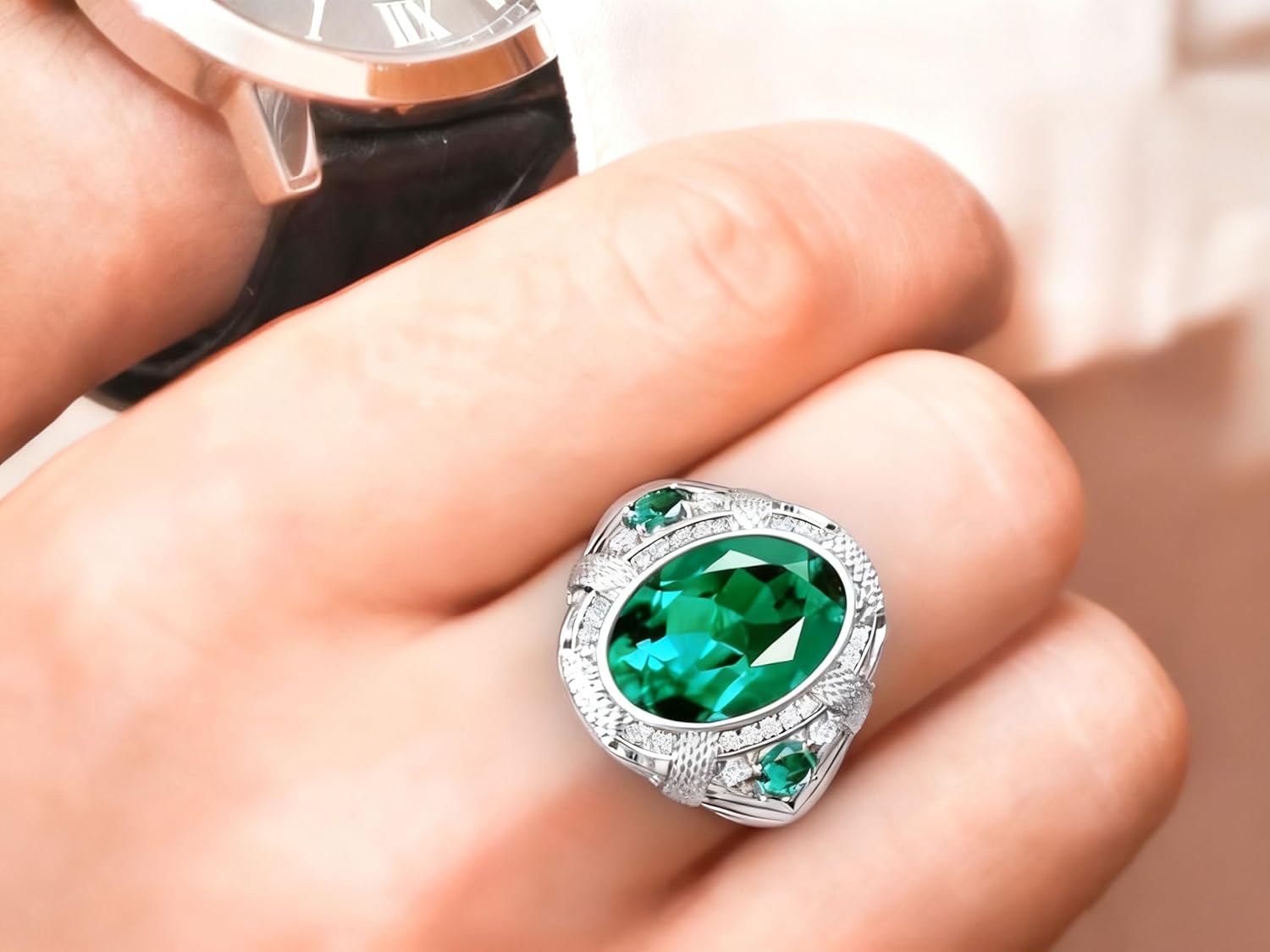 Solid 10K 14K 18K Gold 4 Carat Emerald Engagement Rings for Mens Gemstone Signet Rings for Men with Moissanite Size 4-16