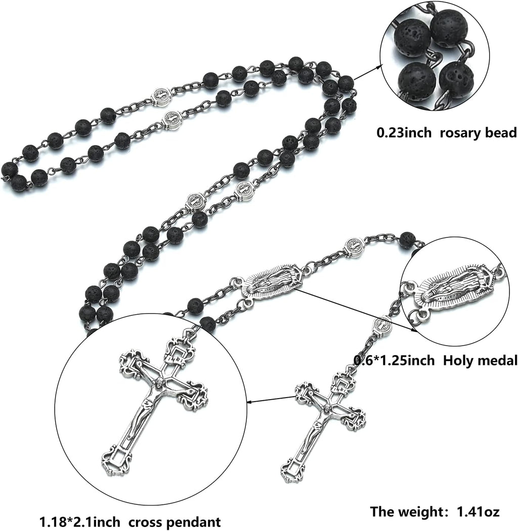 Bead Rosary Necklace with Crucifix and Our Lady of Guadalupe Medal Black Volcanic Rock Beads Catholic Prayer Rosaries Necklaces Jewelry for Men Gifts in Velvet Bag