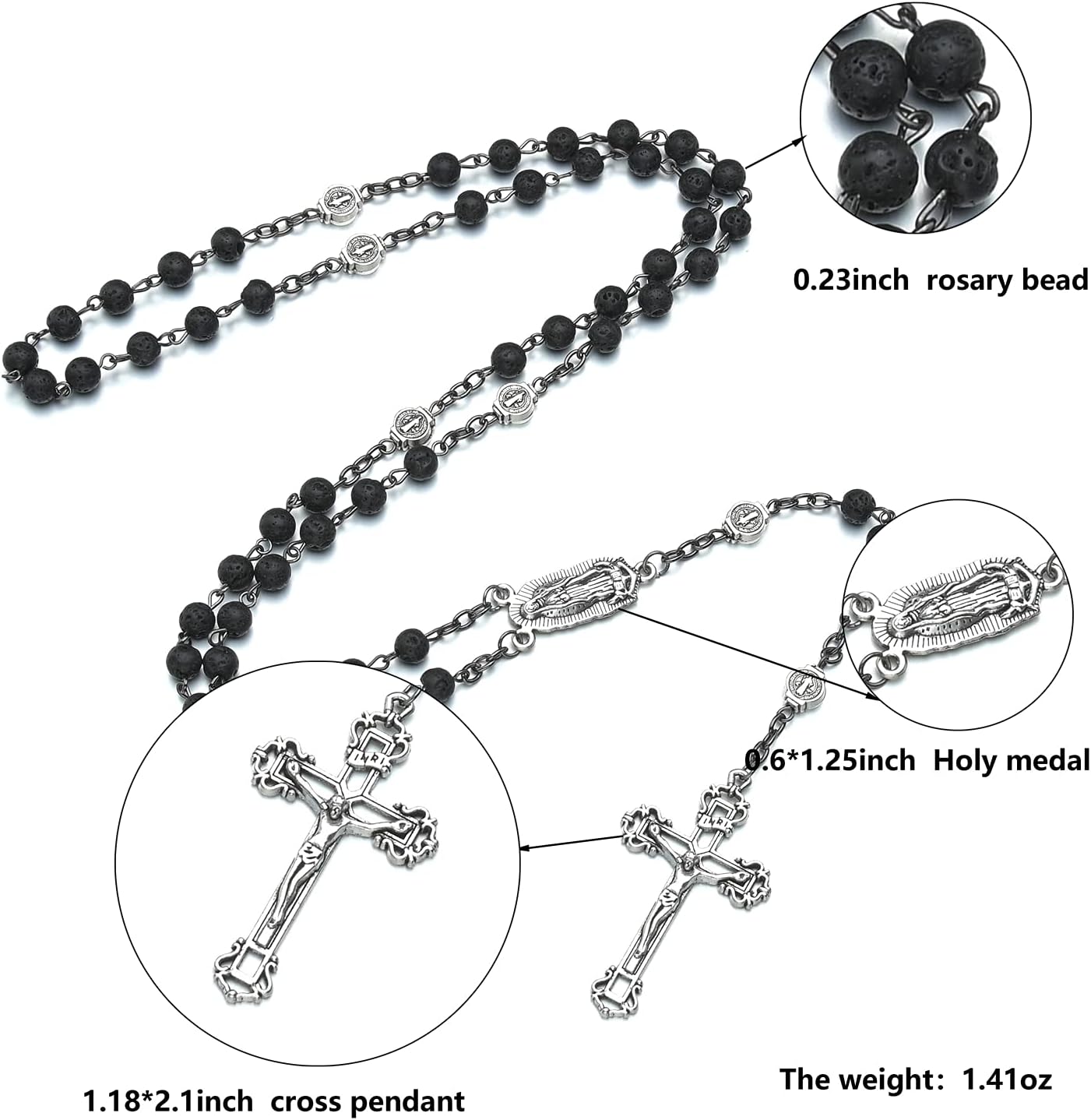 Bead Rosary Necklace with Crucifix and Our Lady of Guadalupe Medal Black Volcanic Rock Beads Catholic Prayer Rosaries Necklaces Jewelry for Men Gifts in Velvet Bag