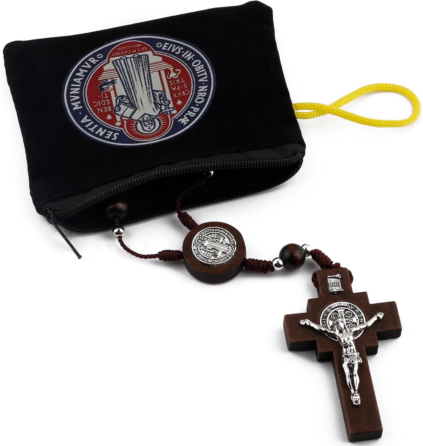 Wood Beads Auto Rosary for Car One Decade Catholic Rosary with St. Benedict Medal Centerpiece and Crucifix Secure Clasp Design for Mirror, Rearview, Home Door Hanging (Dark Brown)