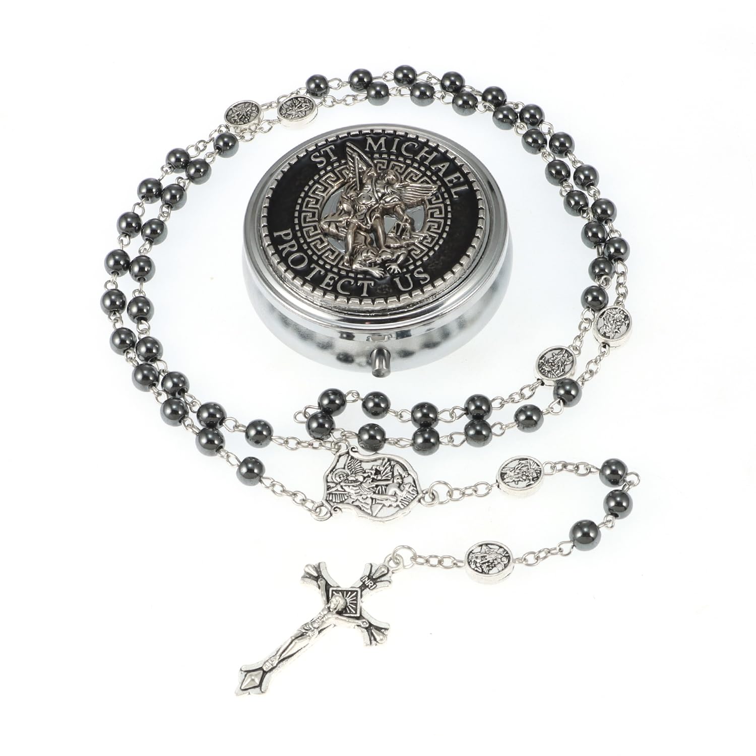 6mm Glass Pearl Rosary Beads Catholic for Women, Virgin Mary Our Lady of Guadalupe Medal, Hematite Stone Saint Benedict Rosary, Bead Necklace First Communion Gifts with Metal Gift Box