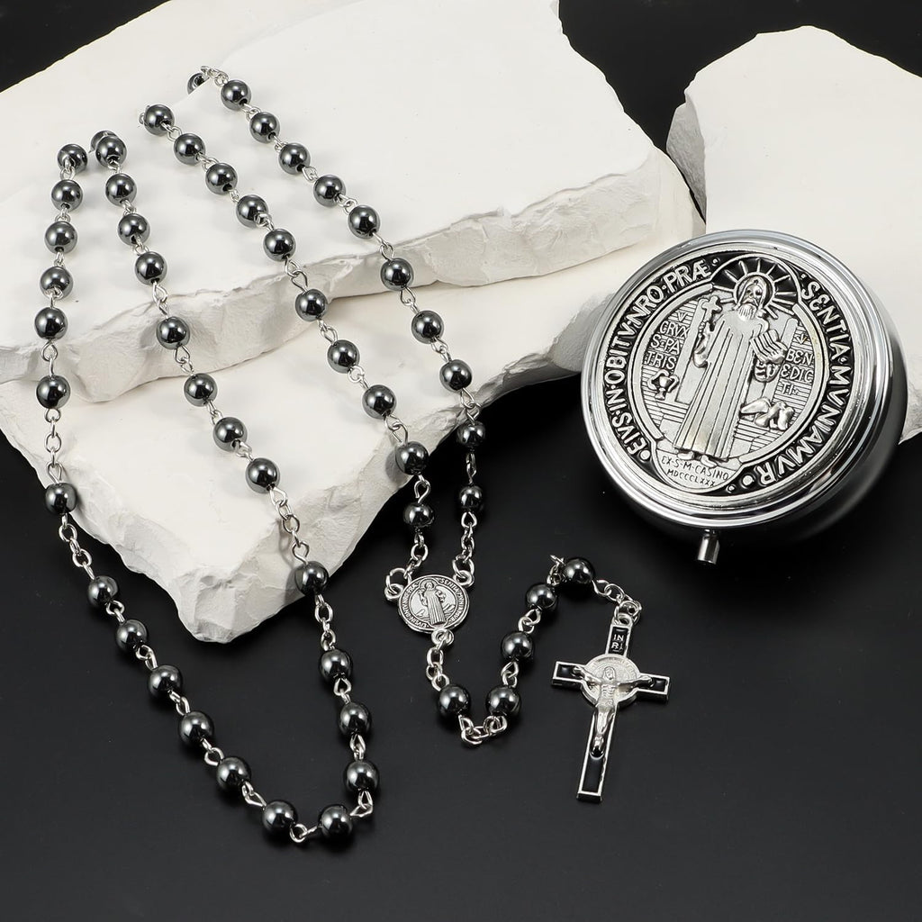 6mm Glass Pearl Rosary Beads Catholic for Women, Virgin Mary Our Lady of Guadalupe Medal, Hematite Stone Saint Benedict Rosary, Bead Necklace First Communion Gifts with Metal Gift Box