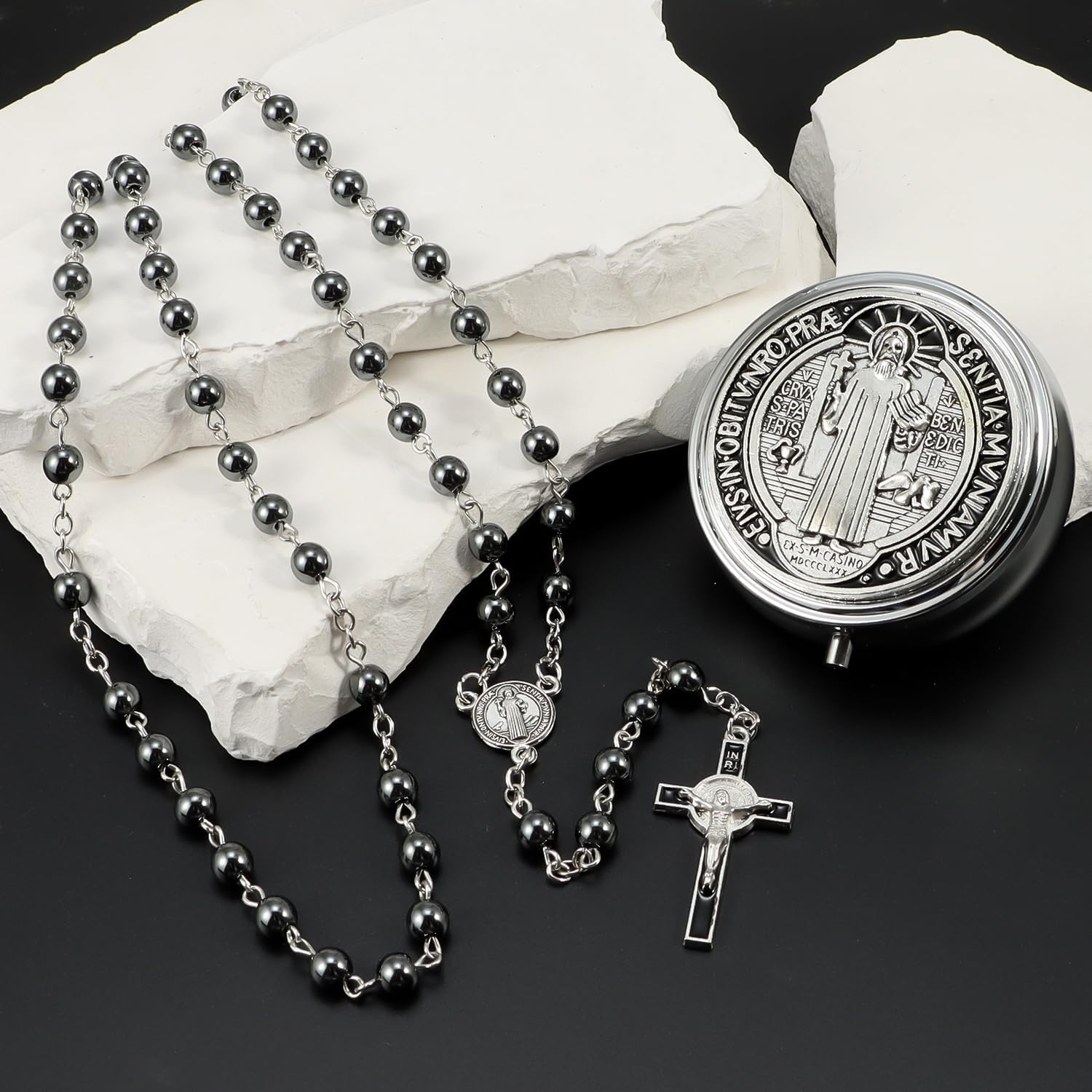 6mm Glass Pearl Rosary Beads Catholic for Women, Virgin Mary Our Lady of Guadalupe Medal, Hematite Stone Saint Benedict Rosary, Bead Necklace First Communion Gifts with Metal Gift Box