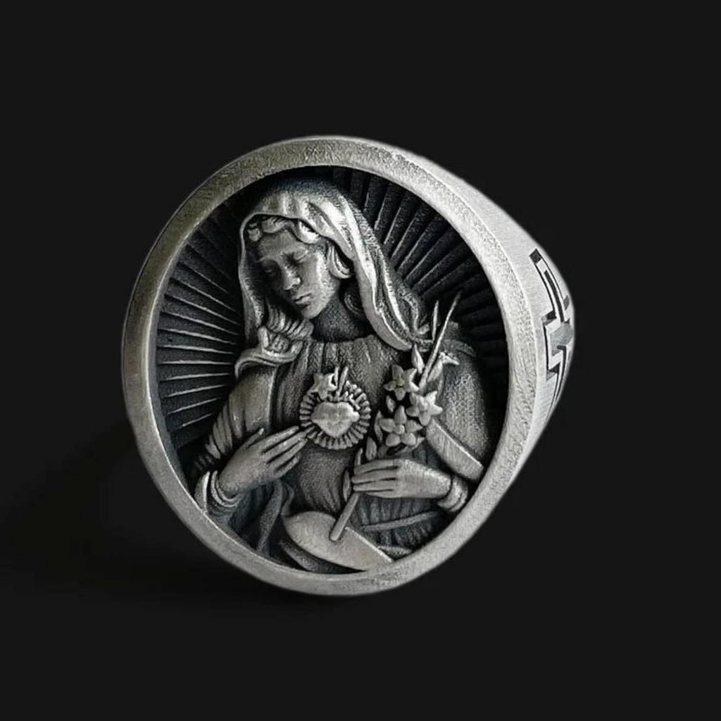 Immaculate Heart of Mary Ring, Sacred Heart Of Virgin Mary Ring, Engraved Ring, Holy Mother Mens Ring, 70th Birthday Gift, Christian Gifts