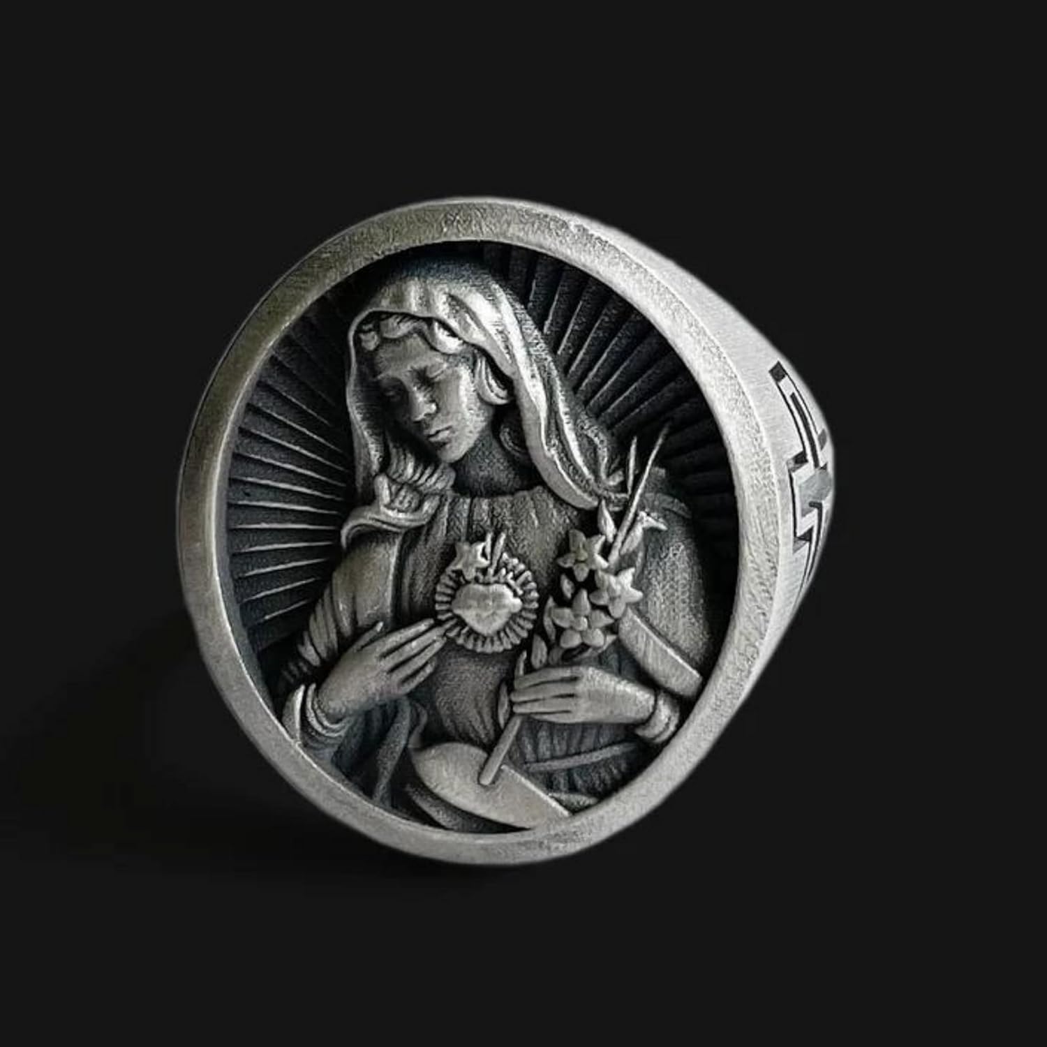 Immaculate Heart of Mary Ring, Sacred Heart Of Virgin Mary Ring, Engraved Ring, Holy Mother Mens Ring, 70th Birthday Gift, Christian Gifts