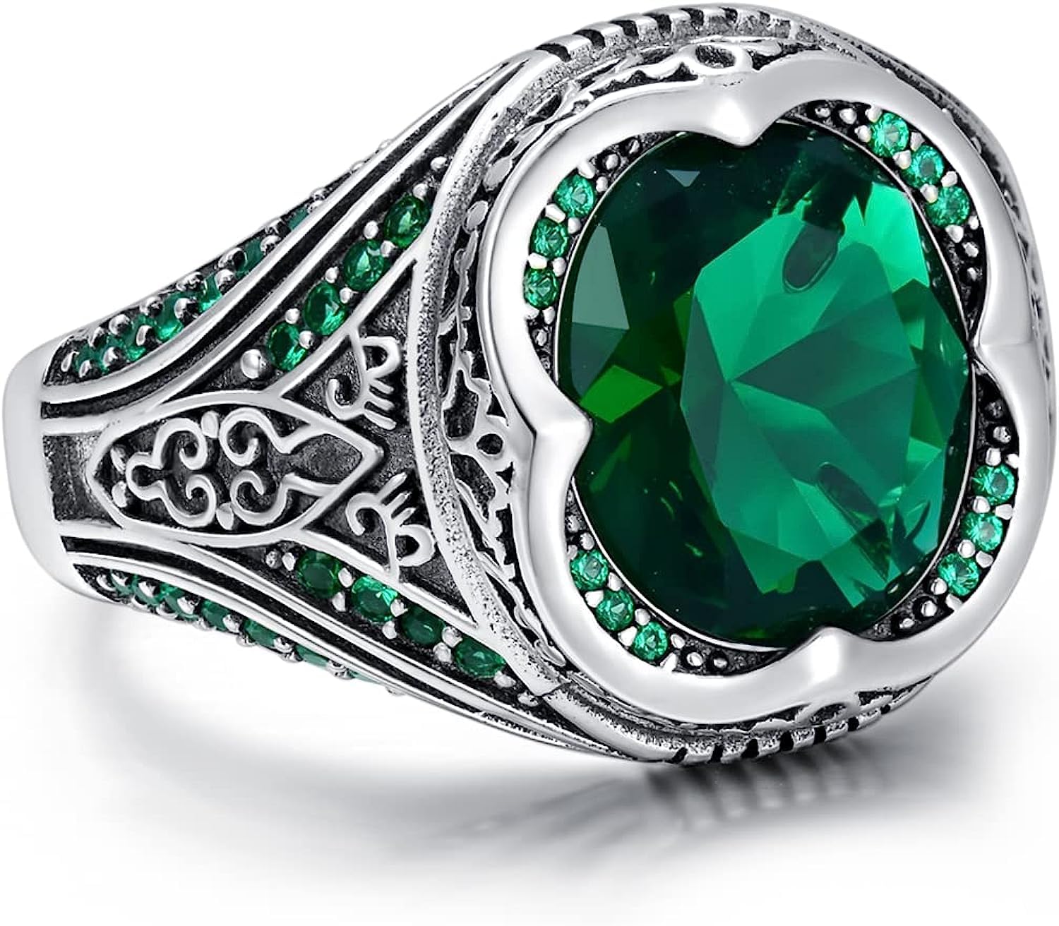 Sterling Silver Oval Emerald Gemstone Ring for Men Vintage Retro Jewelry for Men