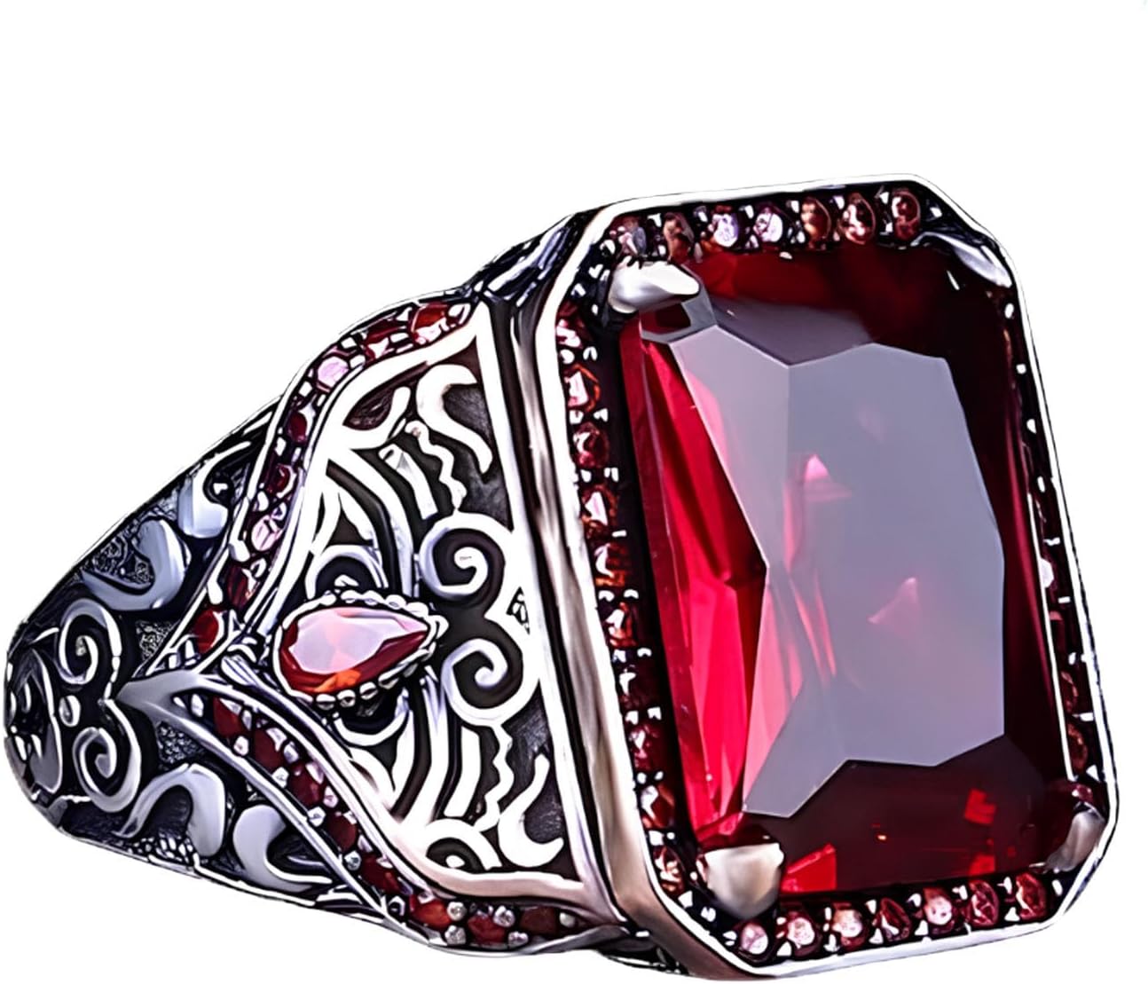 Ruby Stone Men's Ring Sterling Silver Oxidized Men's Square Ruby Stone with Zirconia Ring Jewelry Handmade Engagement Vintage Promise Gift for Men