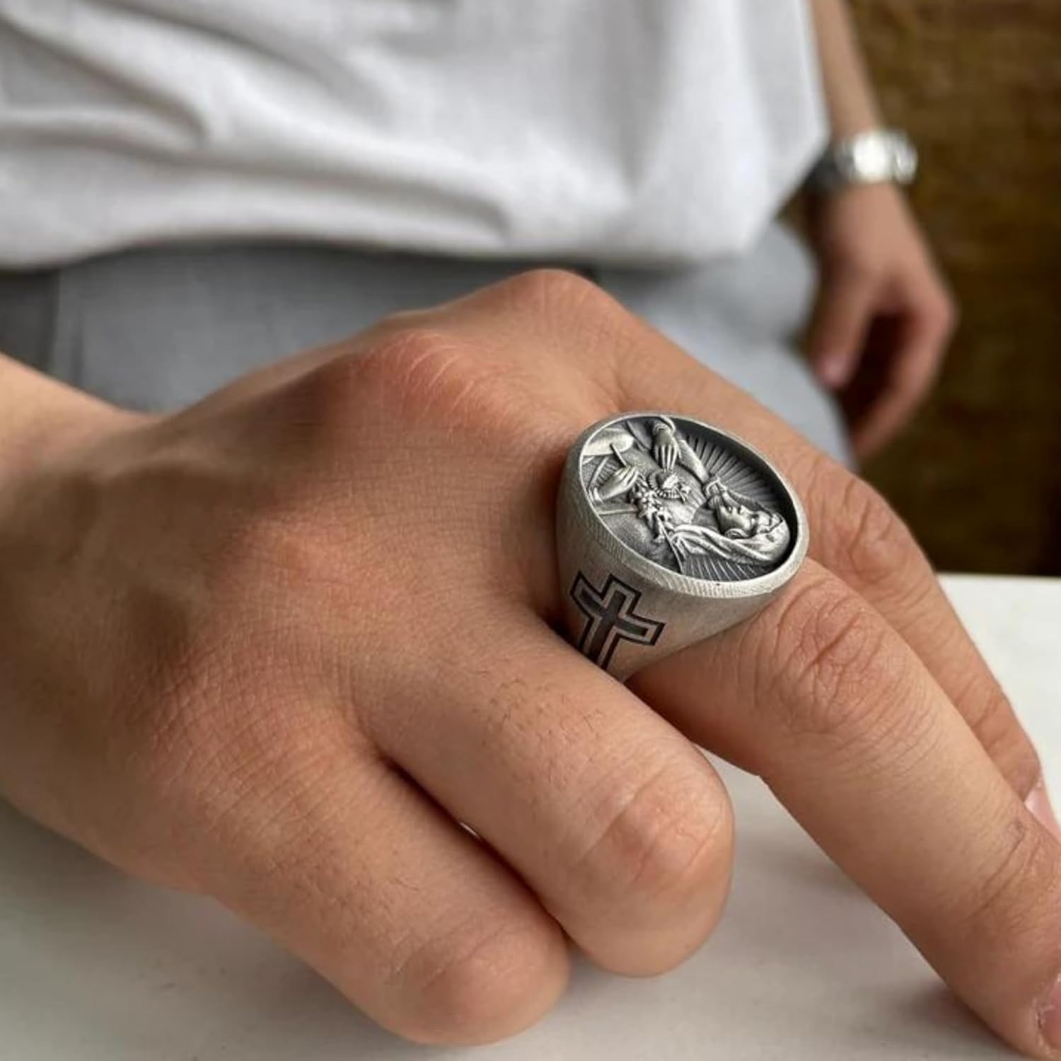Immaculate Heart of Mary Ring, Sacred Heart Of Virgin Mary Ring, Engraved Ring, Holy Mother Mens Ring, 70th Birthday Gift, Christian Gifts