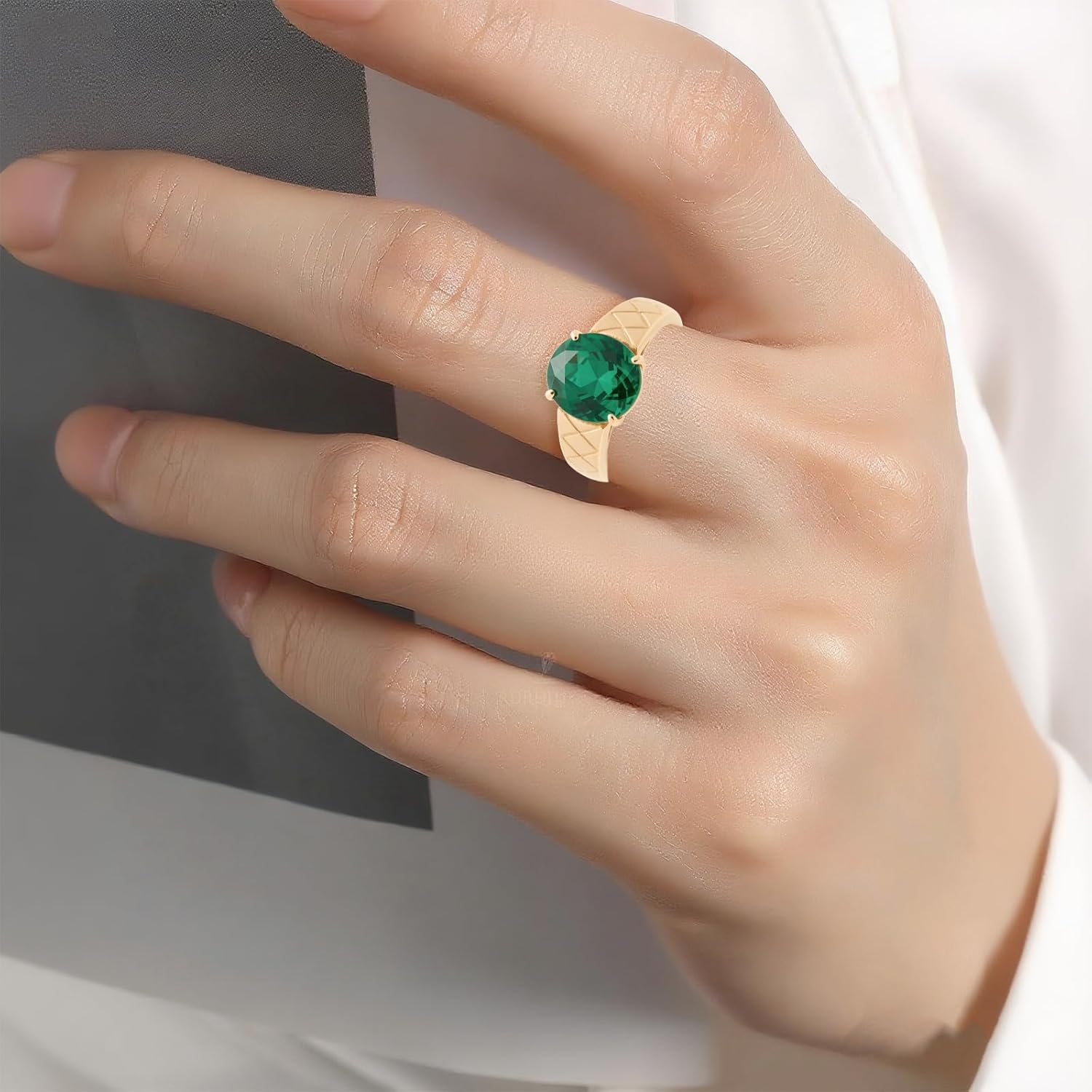 Personalized Solitaire Emerald Ring, Sterling Silver/10K/14k/18k Gold, Prong-Set Round Green Gemstone, Wedding Anniversary Promise Ring for men