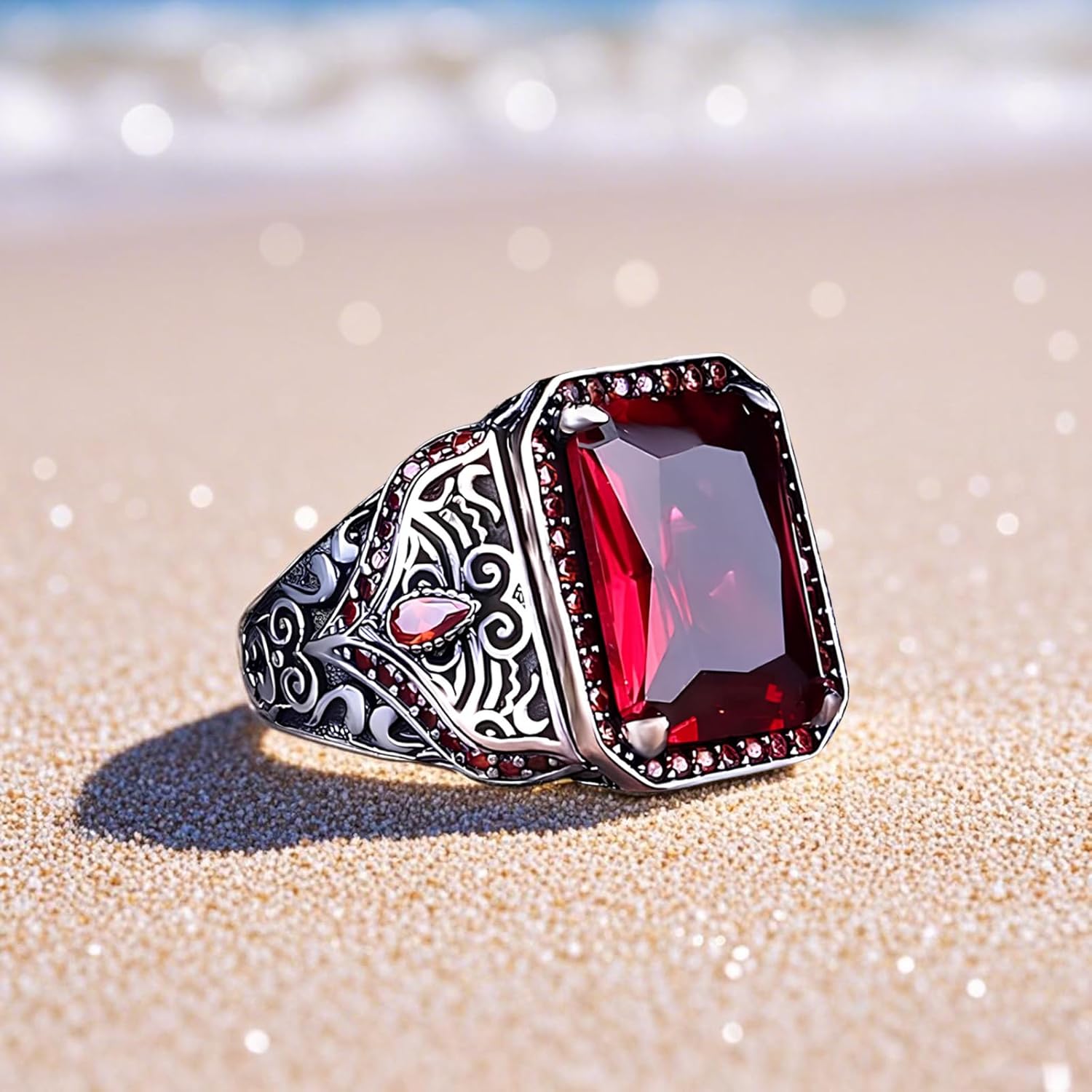 Ruby Stone Men's Ring Sterling Silver Oxidized Men's Square Ruby Stone with Zirconia Ring Jewelry Handmade Engagement Vintage Promise Gift for Men