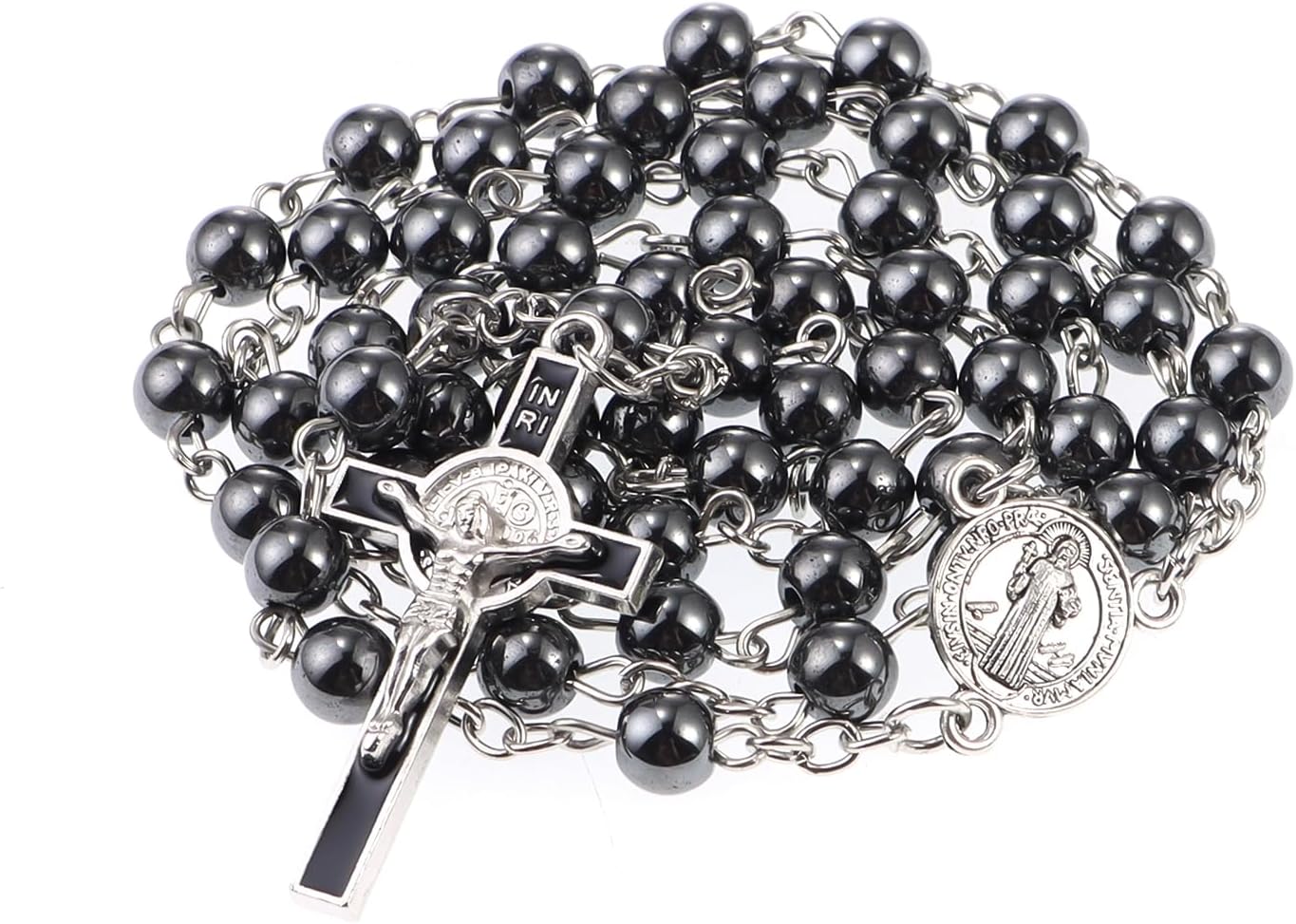 6mm Glass Pearl Rosary Beads Catholic for Women, Virgin Mary Our Lady of Guadalupe Medal, Hematite Stone Saint Benedict Rosary, Bead Necklace First Communion Gifts with Metal Gift Box