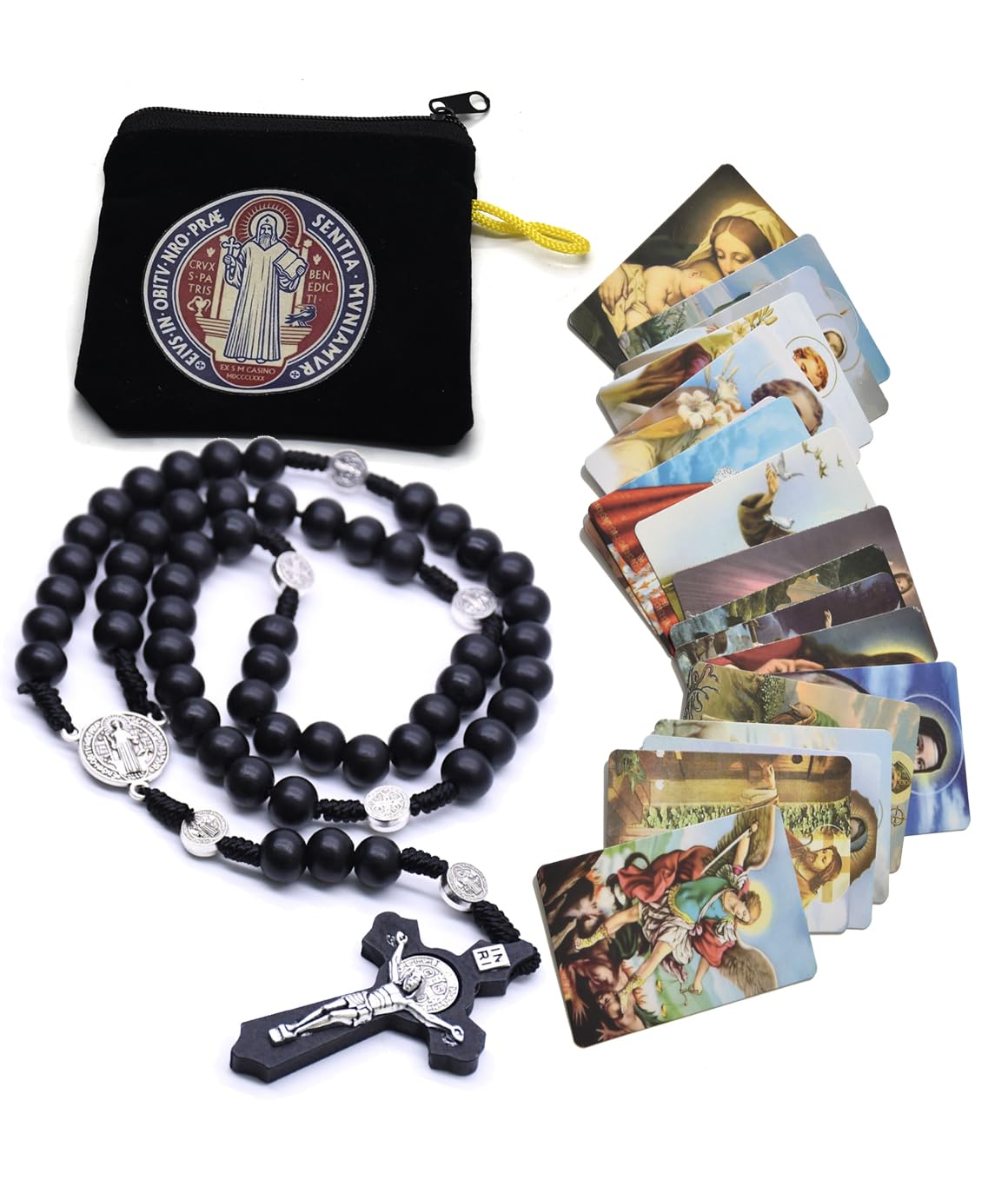 SZQCZB Wooden Rosary Beads Catholic for Men, Saint Benedict Medal and Cross - Comes in Gift Pouch and 18pcs Prayer Cards