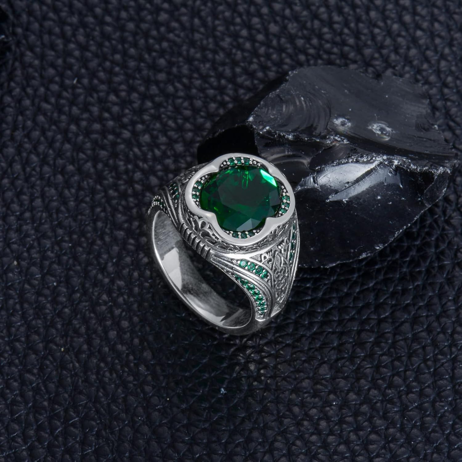 Sterling Silver Oval Emerald Gemstone Ring for Men Vintage Retro Jewelry for Men