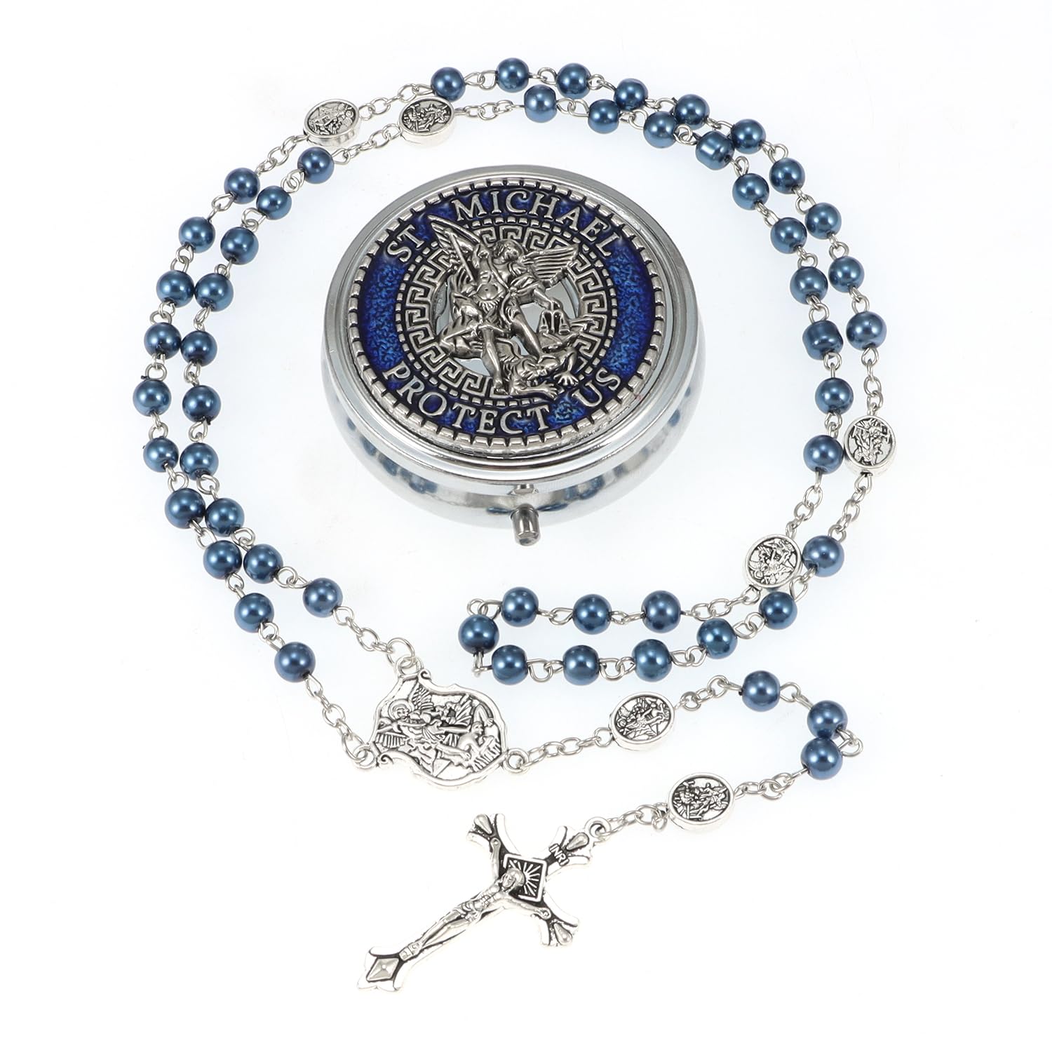 6mm Glass Pearl Rosary Beads Catholic for Women, Virgin Mary Our Lady of Guadalupe Medal, Hematite Stone Saint Benedict Rosary, Bead Necklace First Communion Gifts with Metal Gift Box