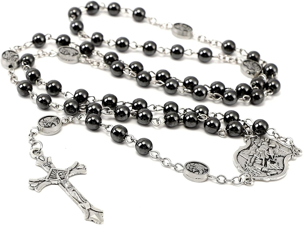 Saint Michael Necklace for Men Women,St Michael The Archangel Pendant for Religious Gifts,Catholic Black Rosary Beads First Confirmation Gifts for Teenage Boys,Rosarios Catolicos Para Hombre Mujer