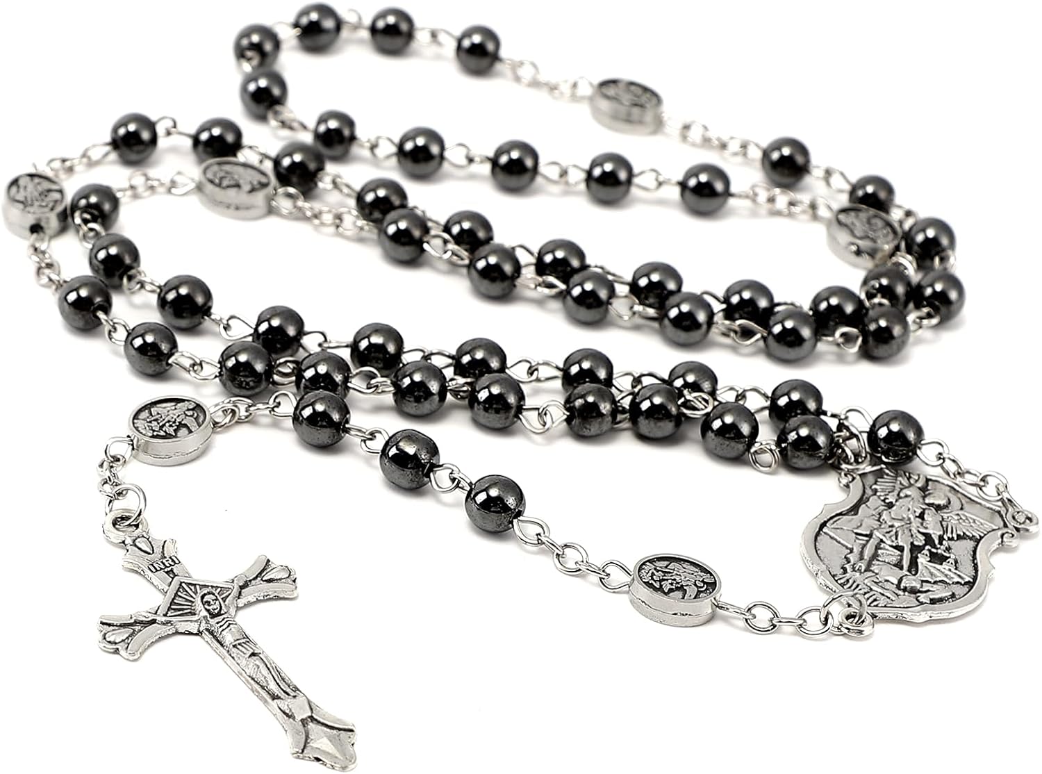 Saint Michael Necklace for Men Women,St Michael The Archangel Pendant for Religious Gifts,Catholic Black Rosary Beads First Confirmation Gifts for Teenage Boys,Rosarios Catolicos Para Hombre Mujer