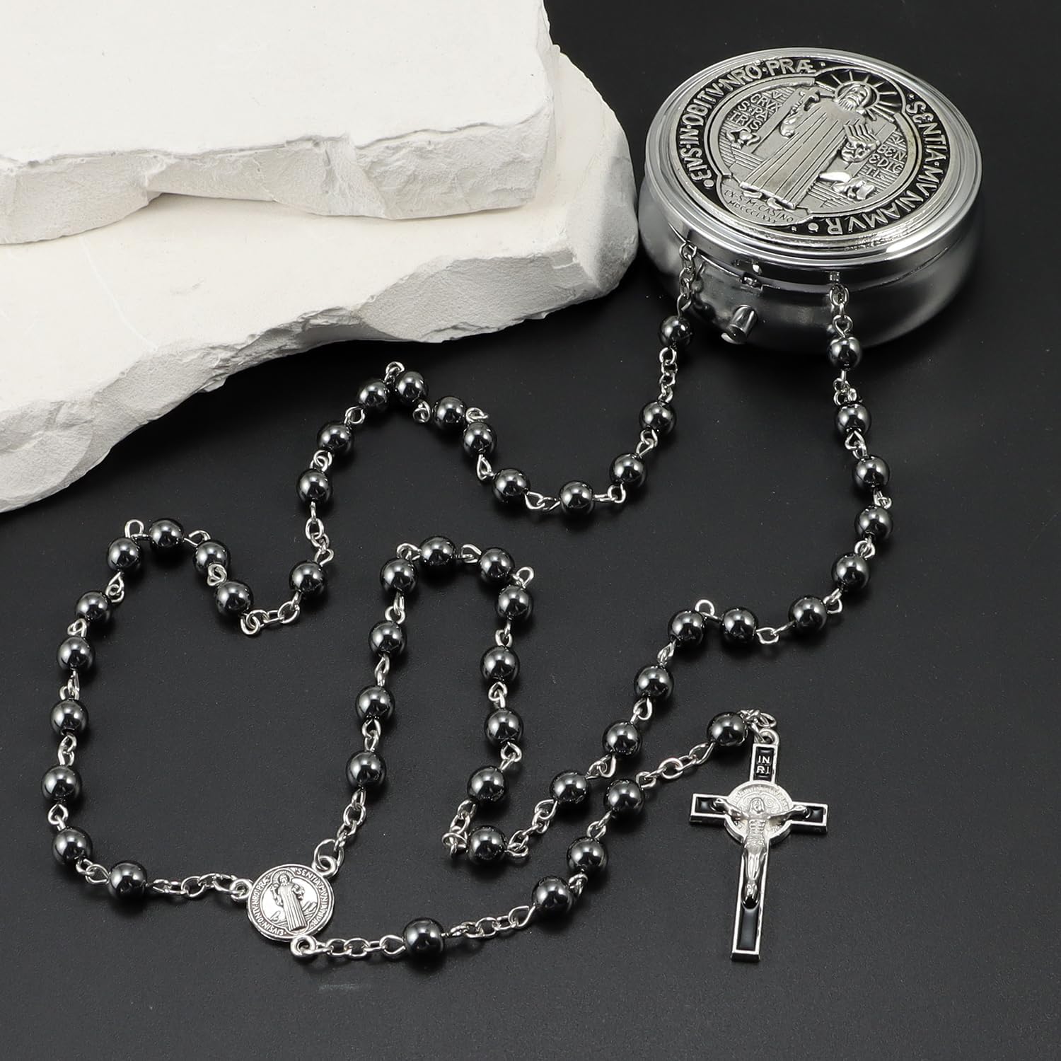 6mm Glass Pearl Rosary Beads Catholic for Women, Virgin Mary Our Lady of Guadalupe Medal, Hematite Stone Saint Benedict Rosary, Bead Necklace First Communion Gifts with Metal Gift Box