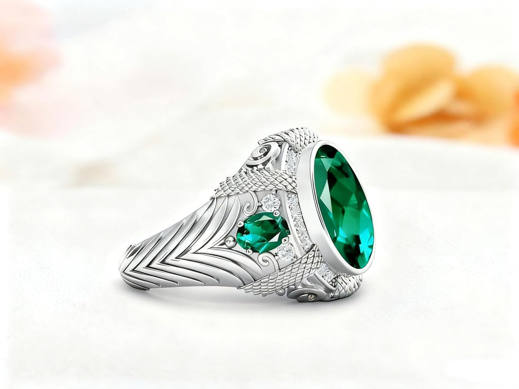 Solid 10K 14K 18K Gold 4 Carat Emerald Engagement Rings for Mens Gemstone Signet Rings for Men with Moissanite Size 4-16