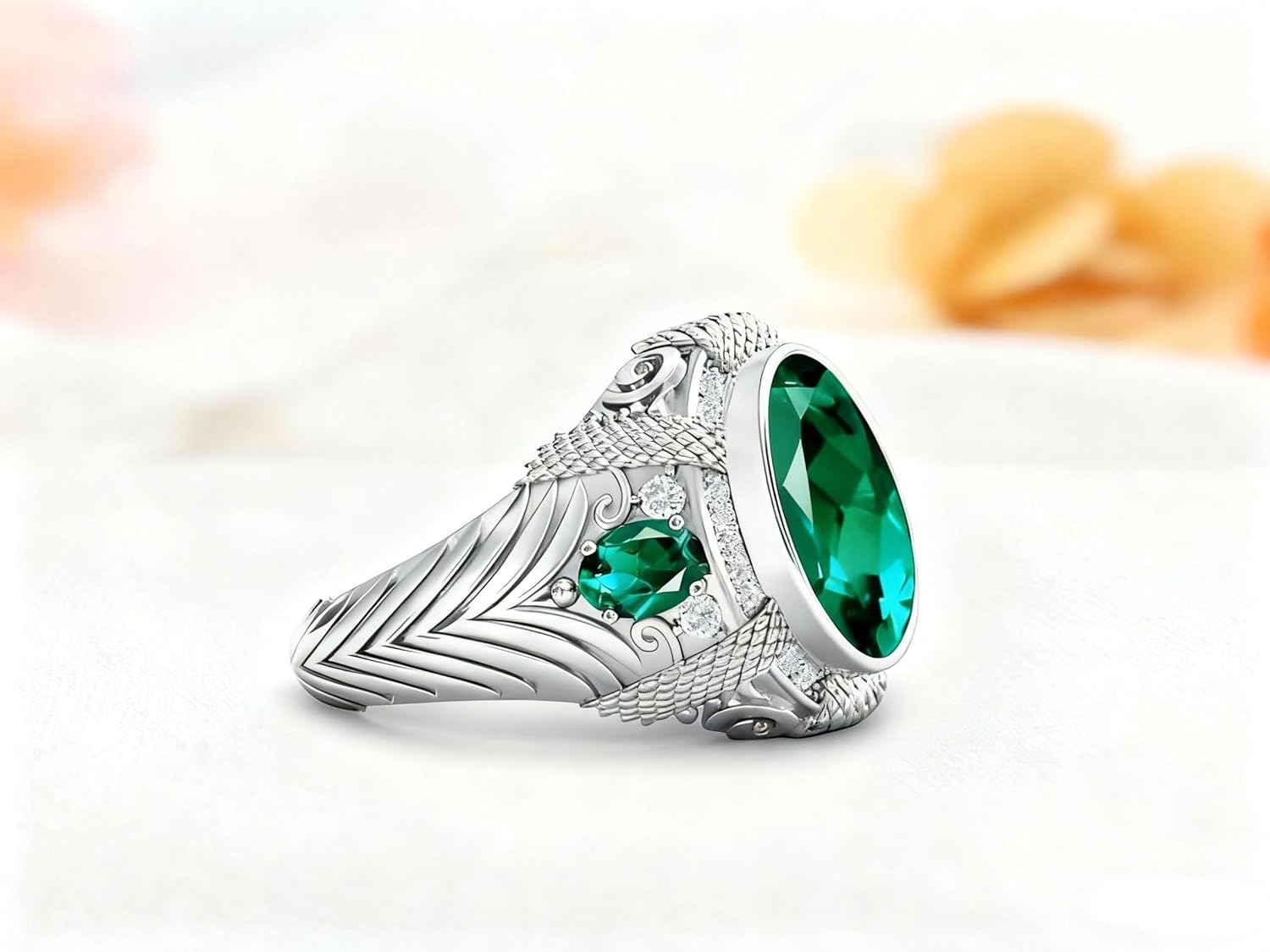 Solid 10K 14K 18K Gold 4 Carat Emerald Engagement Rings for Mens Gemstone Signet Rings for Men with Moissanite Size 4-16