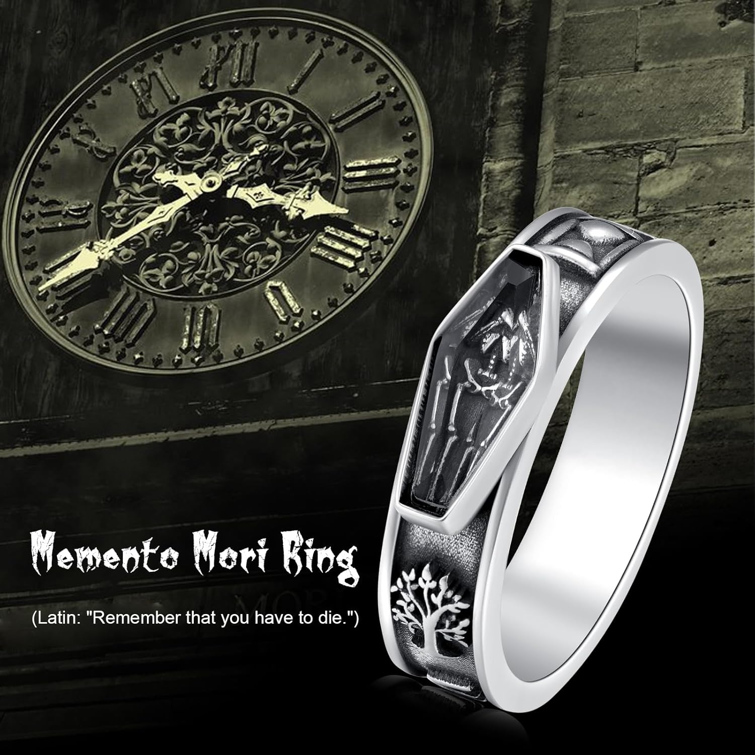 JUSTKIDSTOY Memento Mori Ring 925 Sterling Silver Skull Skeleton Ring Stoic Reminder Halloween Jewelry Gifts for Men Women