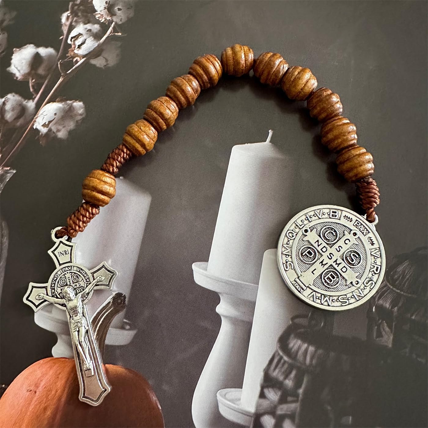 Saint Benedict Medal Prayer Pocket Rosary Catholic Brown Wood Beads with Medalla de san benitol and Crucifix, 9 Inch(Silver)