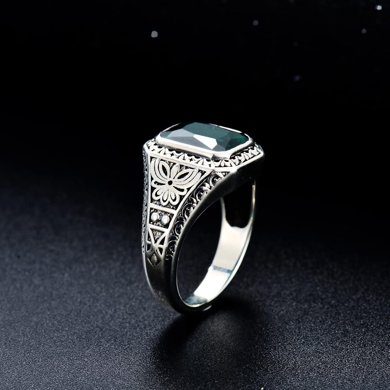 Green Simulated Emerald Ring for Men Sterling Silver Vintage Gothic Biker Ring