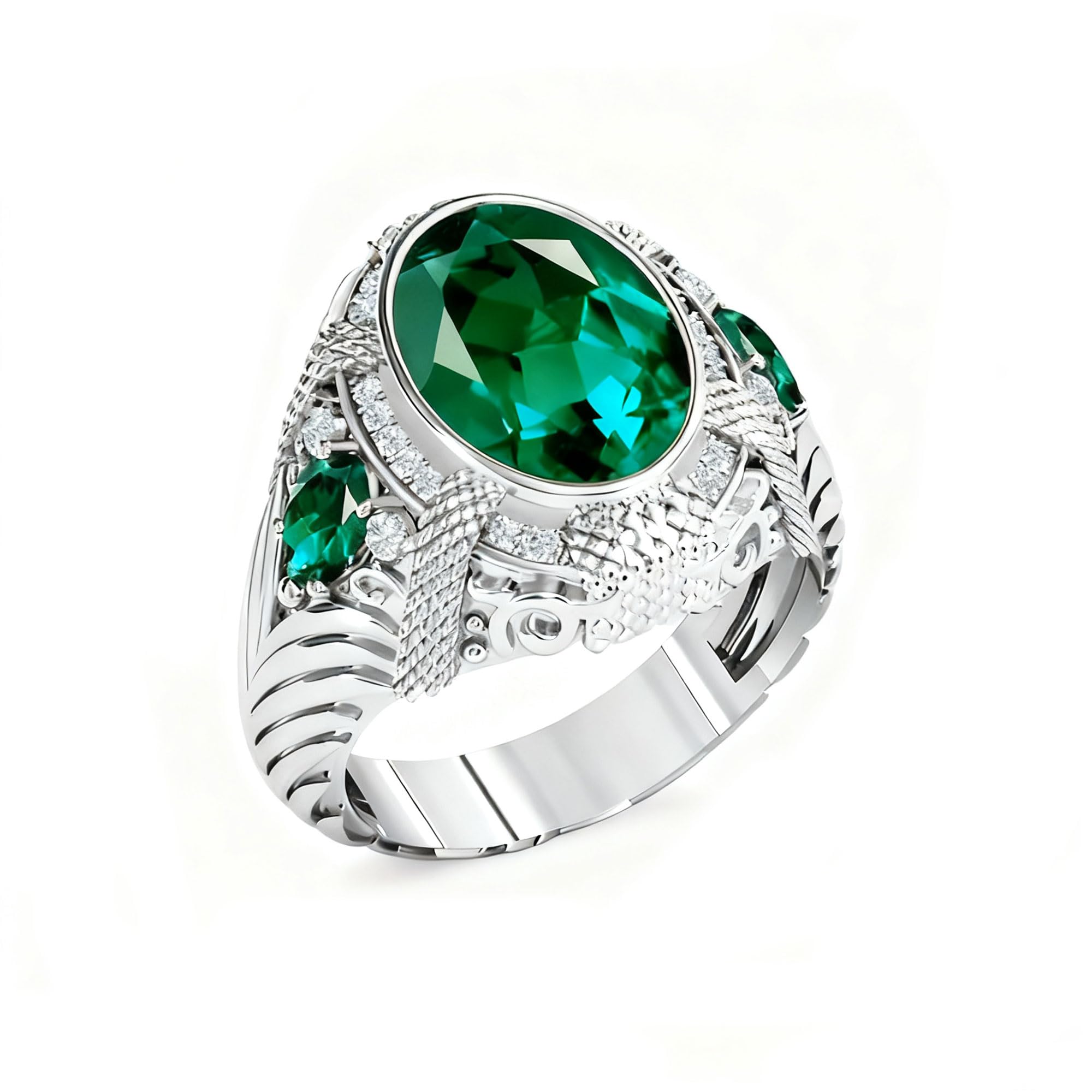 Solid 10K 14K 18K Gold 4 Carat Emerald Engagement Rings for Mens Gemstone Signet Rings for Men with Moissanite Size 4-16