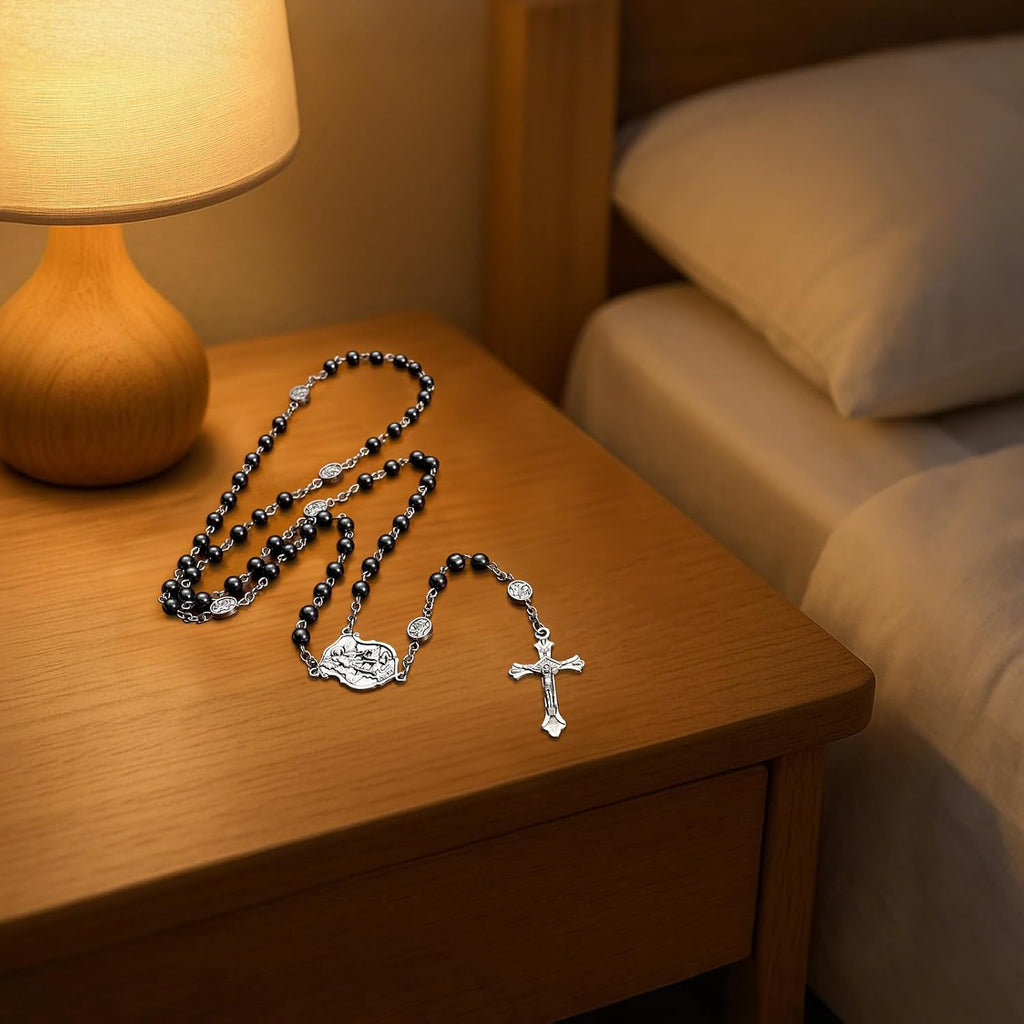 Saint Michael Necklace for Men Women,St Michael The Archangel Pendant for Religious Gifts,Catholic Black Rosary Beads First Confirmation Gifts for Teenage Boys,Rosarios Catolicos Para Hombre Mujer