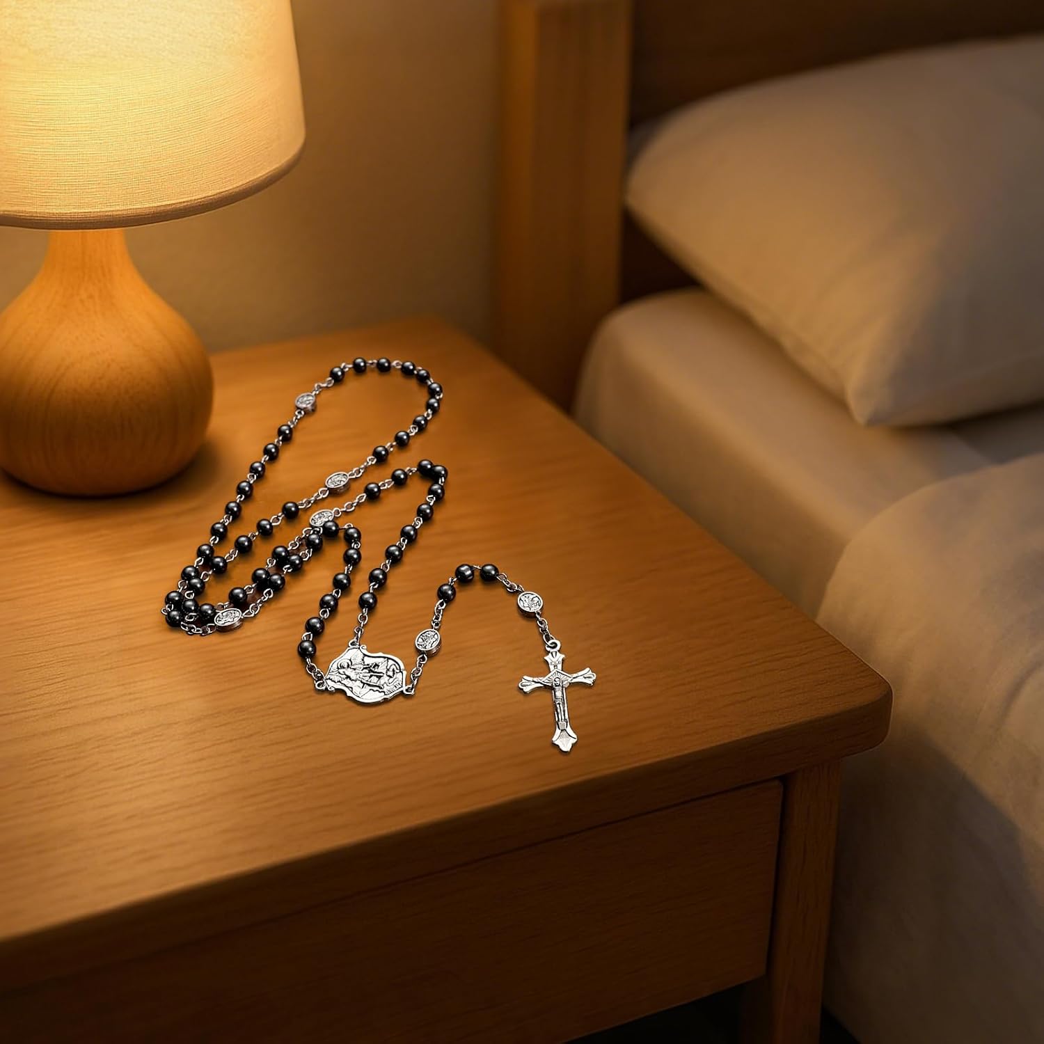 Saint Michael Necklace for Men Women,St Michael The Archangel Pendant for Religious Gifts,Catholic Black Rosary Beads First Confirmation Gifts for Teenage Boys,Rosarios Catolicos Para Hombre Mujer