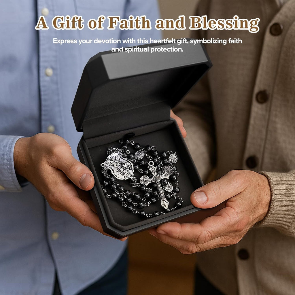Saint Michael Necklace for Men Women,St Michael The Archangel Pendant for Religious Gifts,Catholic Black Rosary Beads First Confirmation Gifts for Teenage Boys,Rosarios Catolicos Para Hombre Mujer