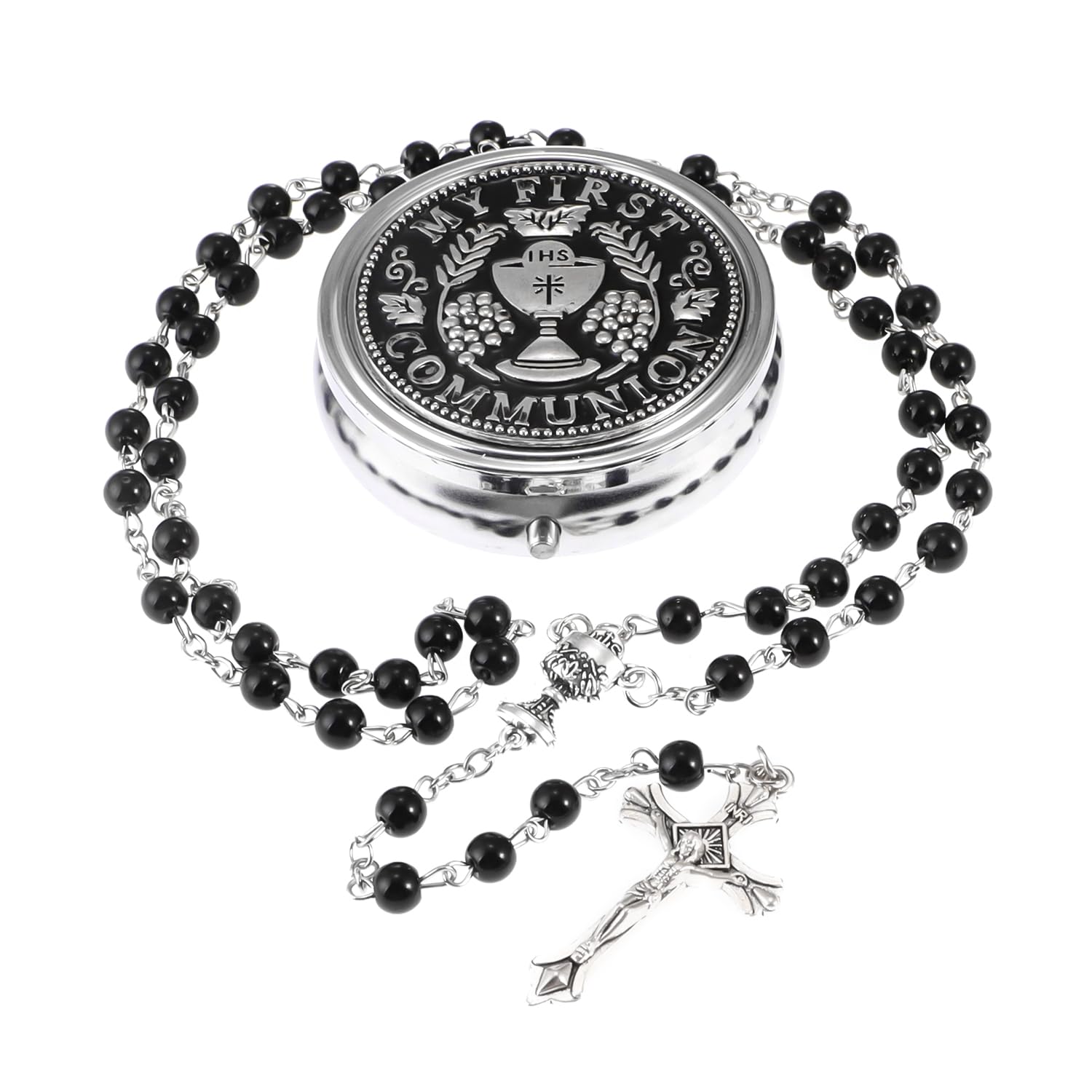 6mm Glass Pearl Rosary Beads Catholic for Women, Virgin Mary Our Lady of Guadalupe Medal, Hematite Stone Saint Benedict Rosary, Bead Necklace First Communion Gifts with Metal Gift Box