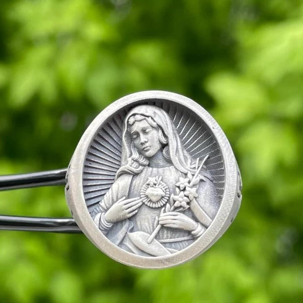 Immaculate Heart of Mary Ring, Sacred Heart Of Virgin Mary Ring, Engraved Ring, Holy Mother Mens Ring, 70th Birthday Gift, Christian Gifts