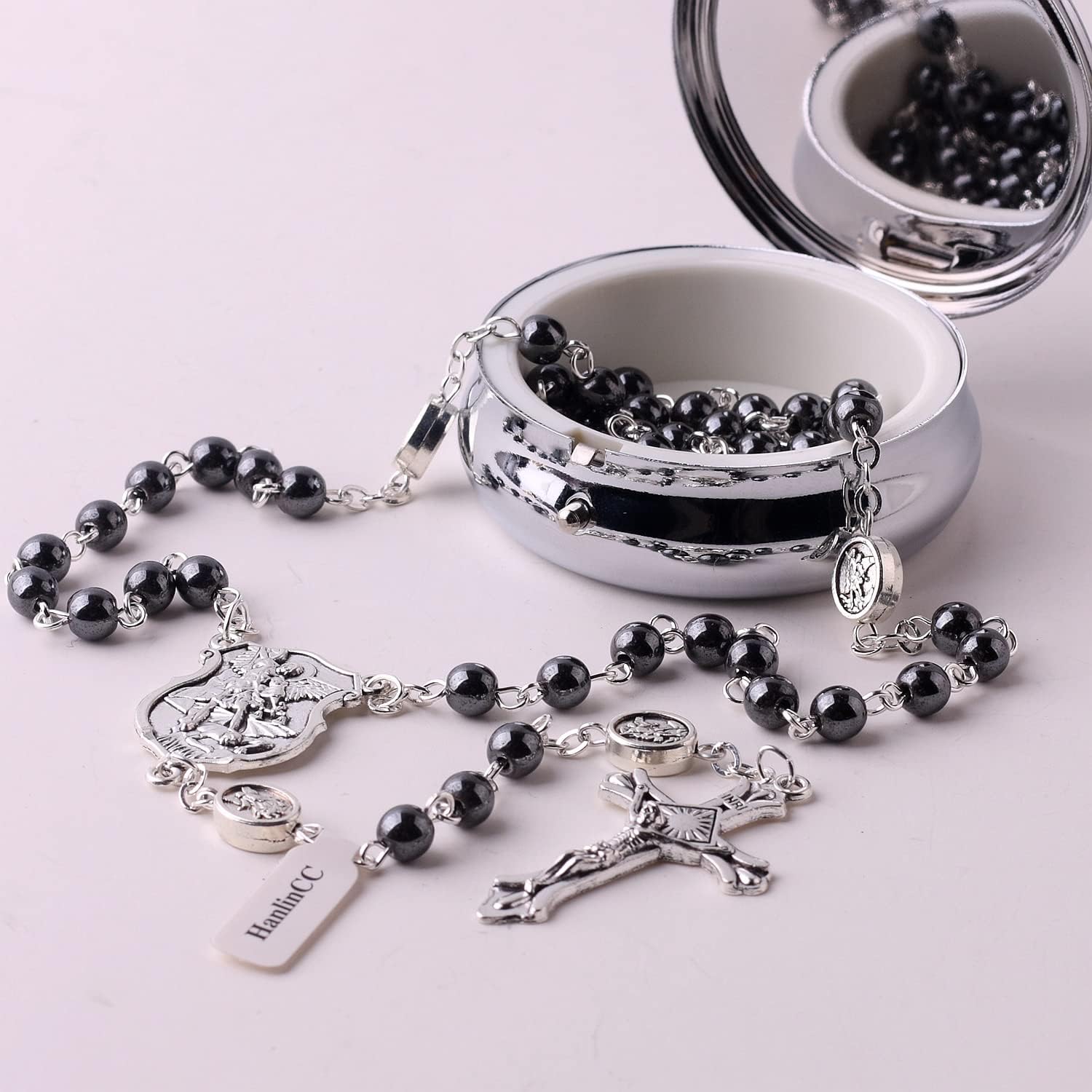 HanlinCC Saint Michael the Archangel Hematite Black Stone Beads Rosary Necklace with Metal Gift Box for Men