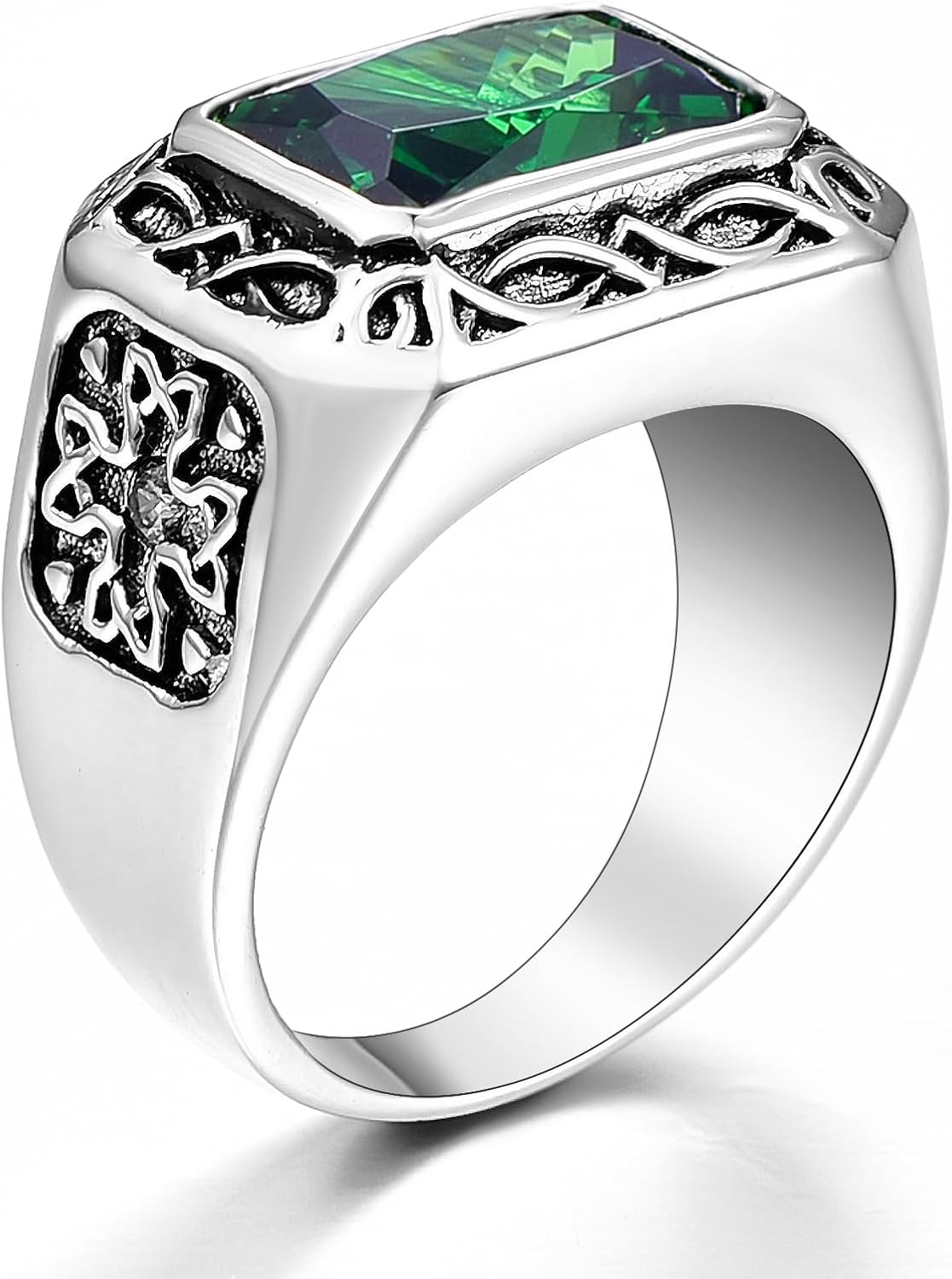 12x8mm Simulated Mens Gemstone Ring Stainless Steel Vintage Celtic Mens Ring, Blue|Red|Black Stone Signet Style Rings for Men Wedding Gift for Husband, Father, Grandpa Size 8-12