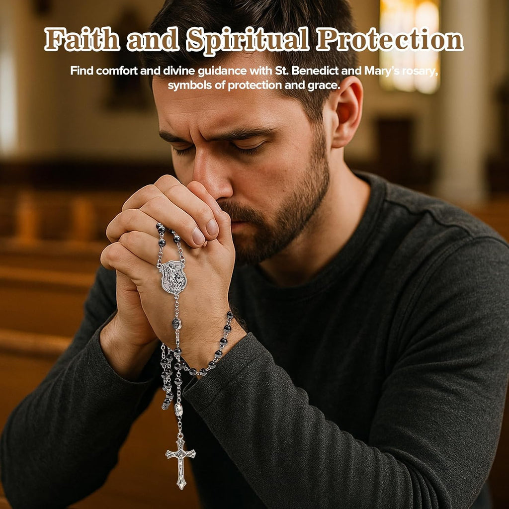 Saint Michael Necklace for Men Women,St Michael The Archangel Pendant for Religious Gifts,Catholic Black Rosary Beads First Confirmation Gifts for Teenage Boys,Rosarios Catolicos Para Hombre Mujer