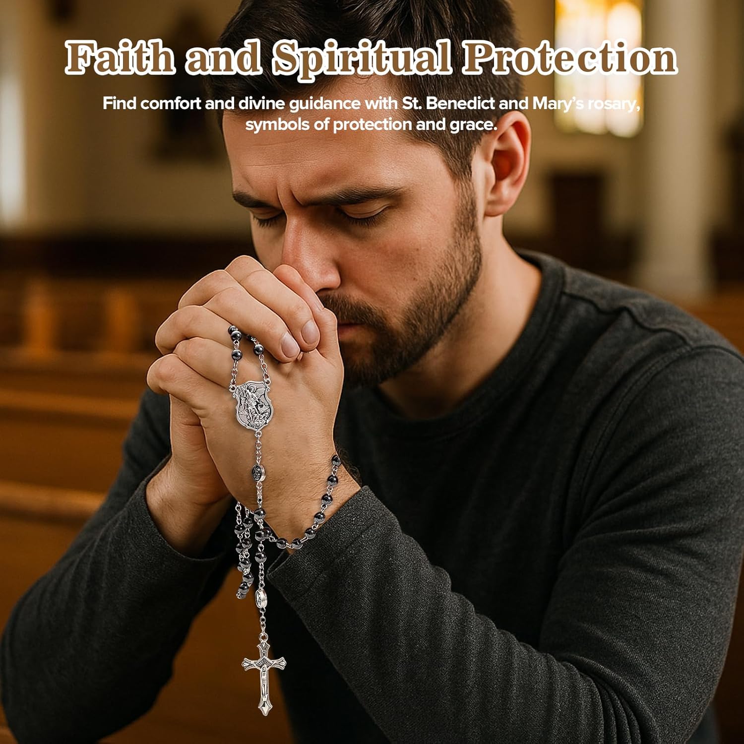 Saint Michael Necklace for Men Women,St Michael The Archangel Pendant for Religious Gifts,Catholic Black Rosary Beads First Confirmation Gifts for Teenage Boys,Rosarios Catolicos Para Hombre Mujer