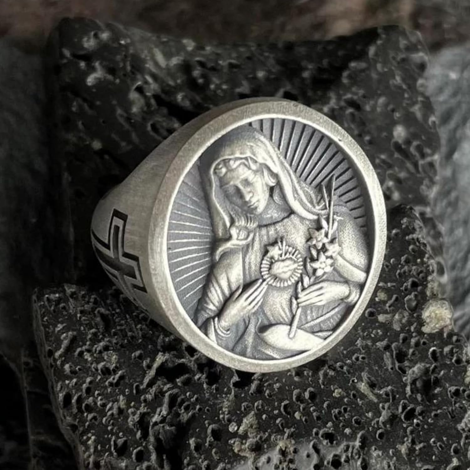 Immaculate Heart of Mary Ring, Sacred Heart Of Virgin Mary Ring, Engraved Ring, Holy Mother Mens Ring, 70th Birthday Gift, Christian Gifts