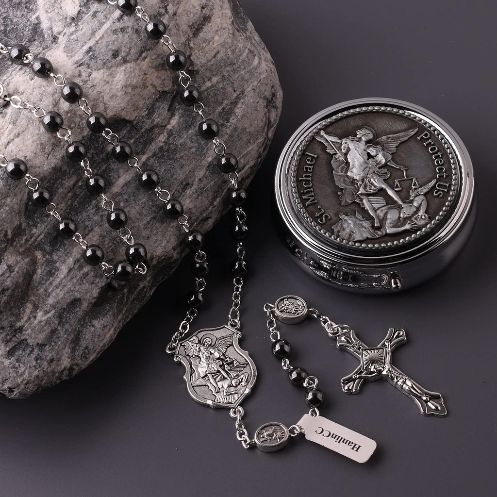 HanlinCC Saint Michael the Archangel Hematite Black Stone Beads Rosary Necklace with Metal Gift Box for Men