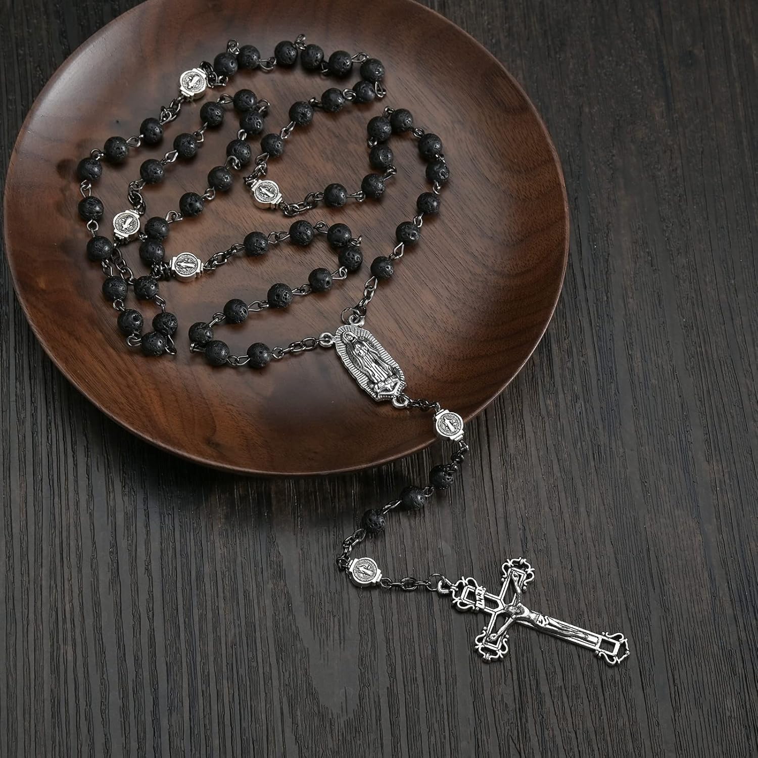 Bead Rosary Necklace with Crucifix and Our Lady of Guadalupe Medal Black Volcanic Rock Beads Catholic Prayer Rosaries Necklaces Jewelry for Men Gifts in Velvet Bag