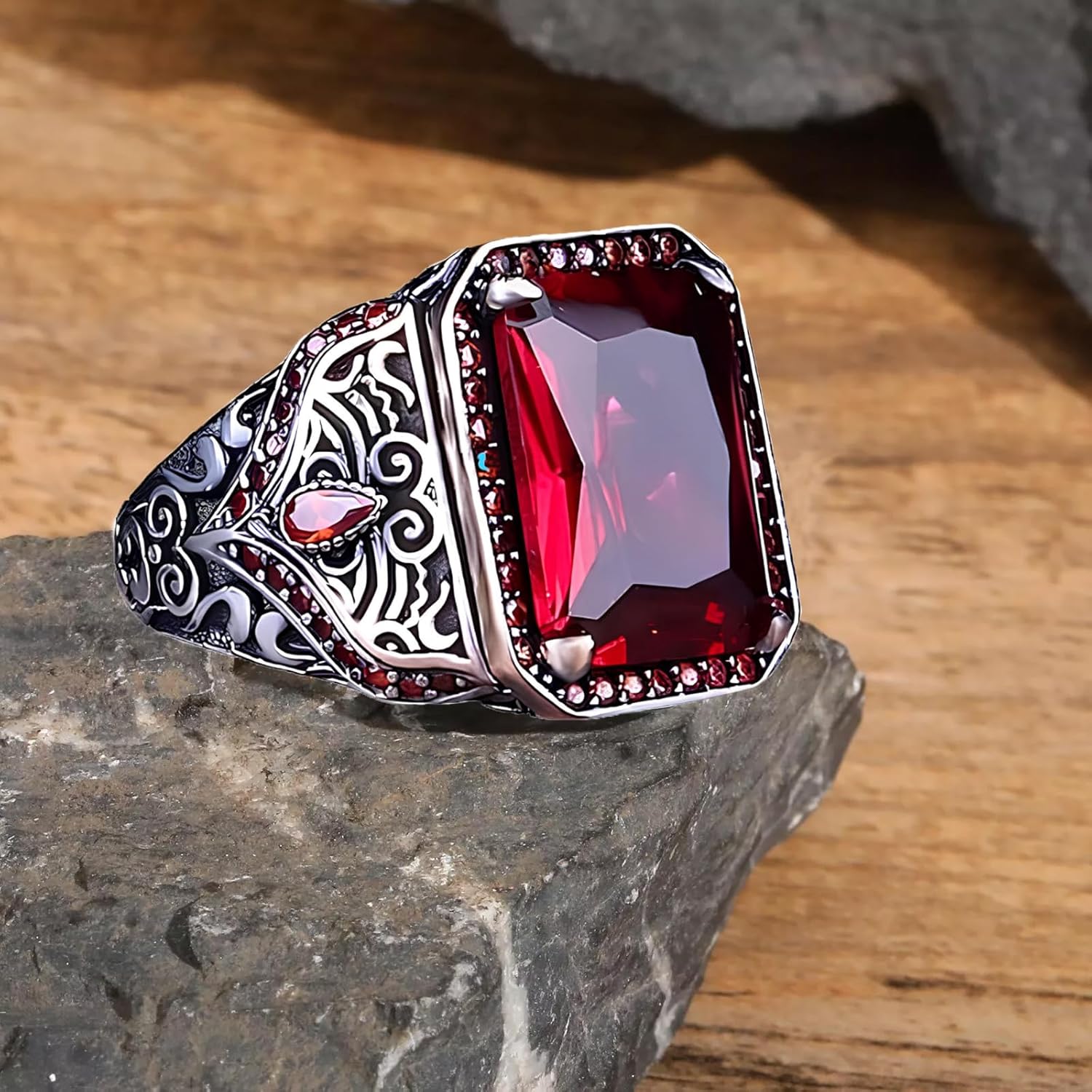 Ruby Stone Men's Ring Sterling Silver Oxidized Men's Square Ruby Stone with Zirconia Ring Jewelry Handmade Engagement Vintage Promise Gift for Men