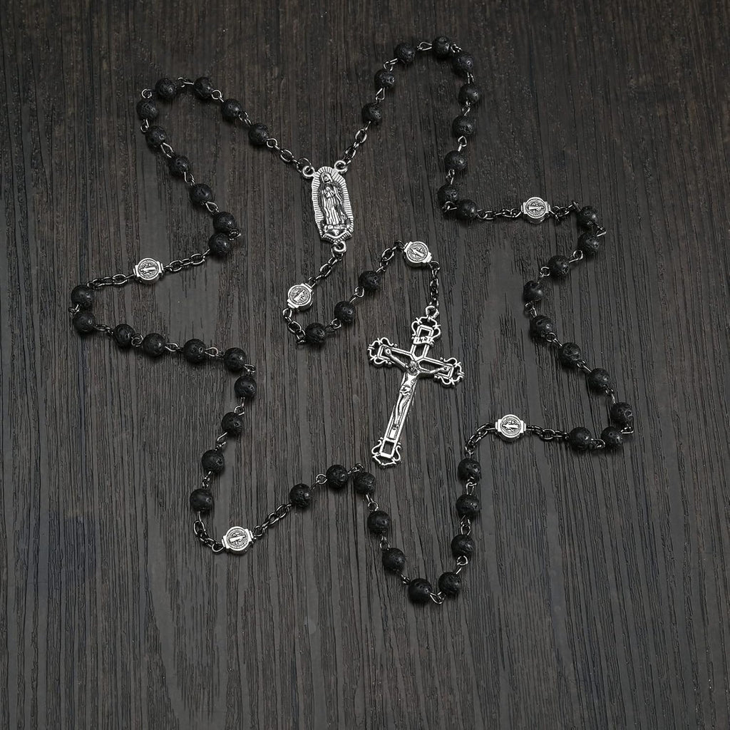 Bead Rosary Necklace with Crucifix and Our Lady of Guadalupe Medal Black Volcanic Rock Beads Catholic Prayer Rosaries Necklaces Jewelry for Men Gifts in Velvet Bag