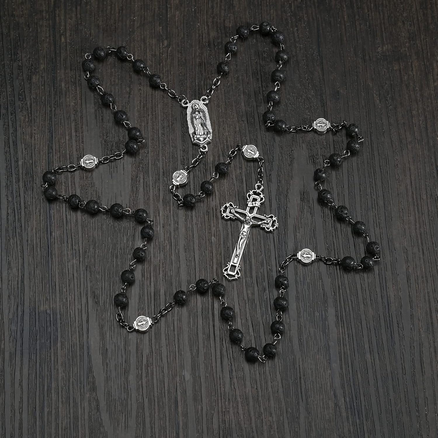 Bead Rosary Necklace with Crucifix and Our Lady of Guadalupe Medal Black Volcanic Rock Beads Catholic Prayer Rosaries Necklaces Jewelry for Men Gifts in Velvet Bag