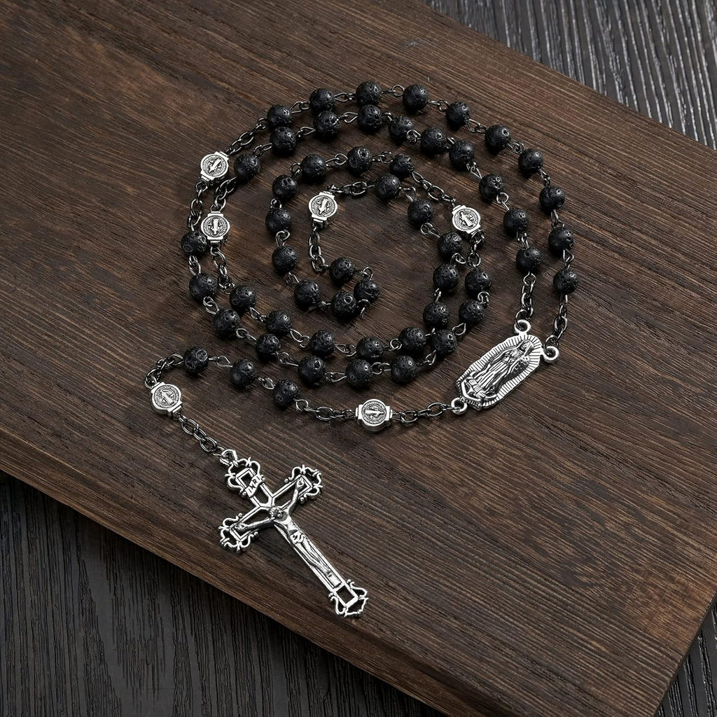 Bead Rosary Necklace with Crucifix and Our Lady of Guadalupe Medal Black Volcanic Rock Beads Catholic Prayer Rosaries Necklaces Jewelry for Men Gifts in Velvet Bag