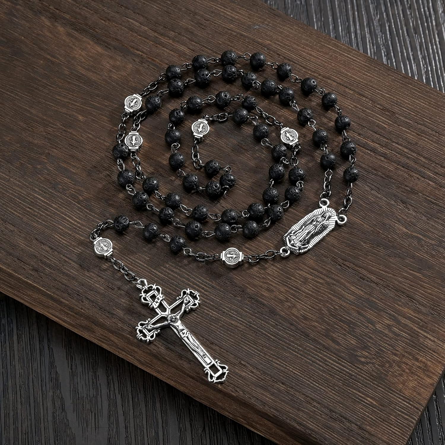 Bead Rosary Necklace with Crucifix and Our Lady of Guadalupe Medal Black Volcanic Rock Beads Catholic Prayer Rosaries Necklaces Jewelry for Men Gifts in Velvet Bag
